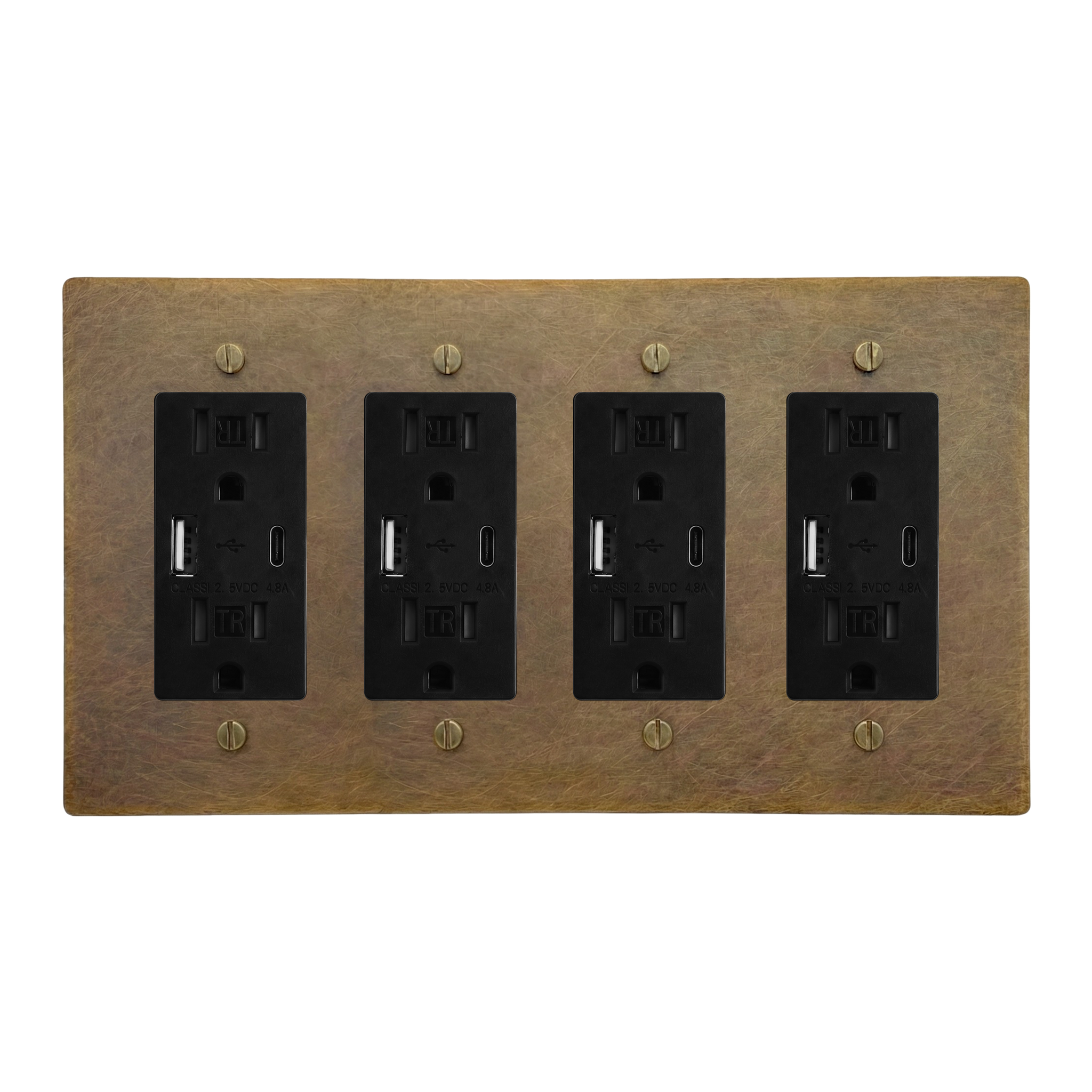 Aged Brass 4-Gang USB Outlet, USB Outlet, USB Outlet & USB Outlet Switch Plate in Black