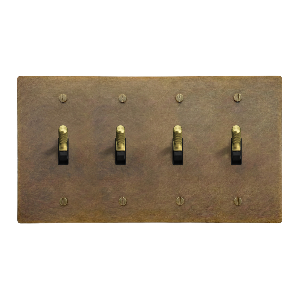 Aged Brass 4-Gang Toggle, Toggle, Toggle & Toggle Switch Plate in Black