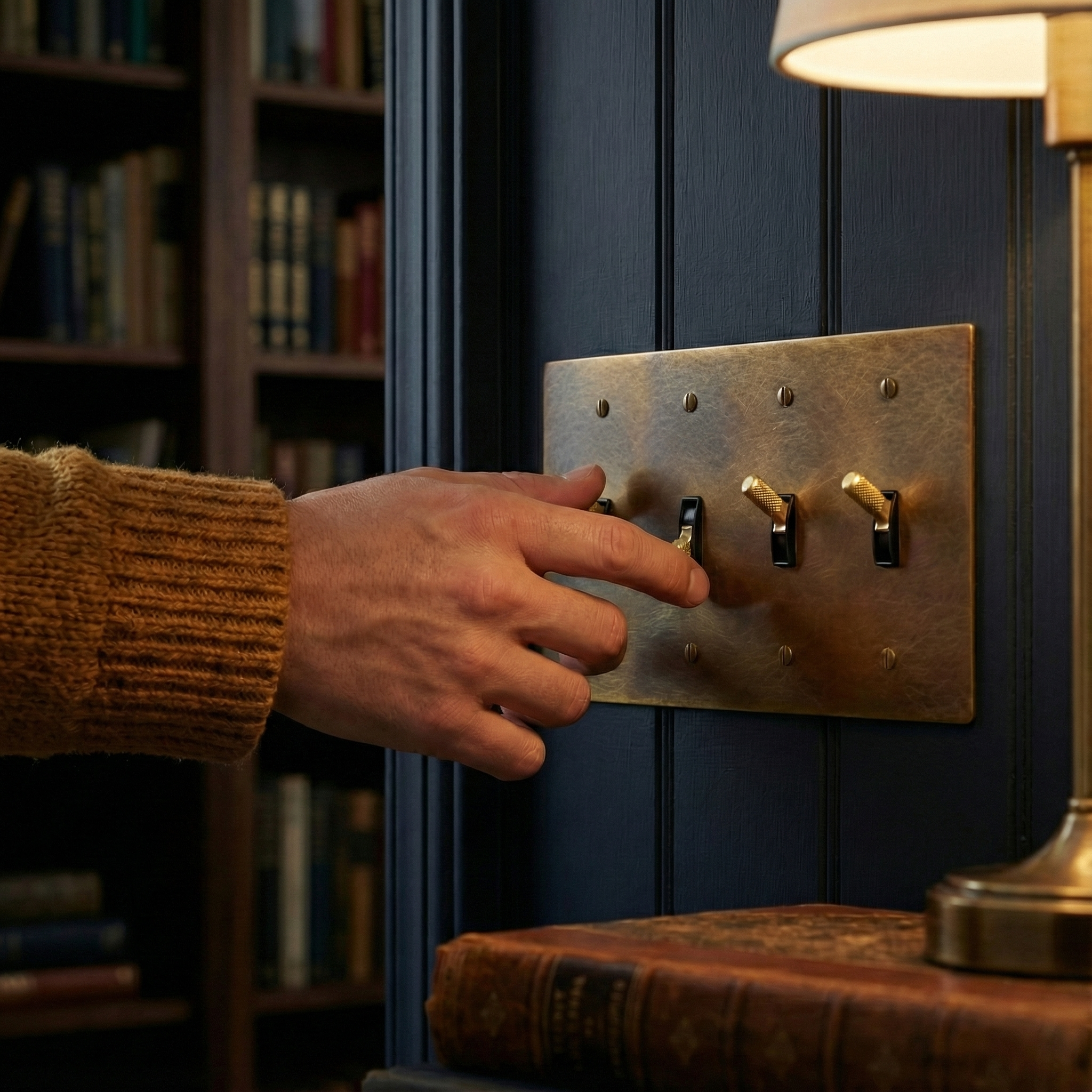 Hand flicking an aged brass 4 gang toggle switch plate on a navy library wall, evoking timeless elegance and craftsmanship.