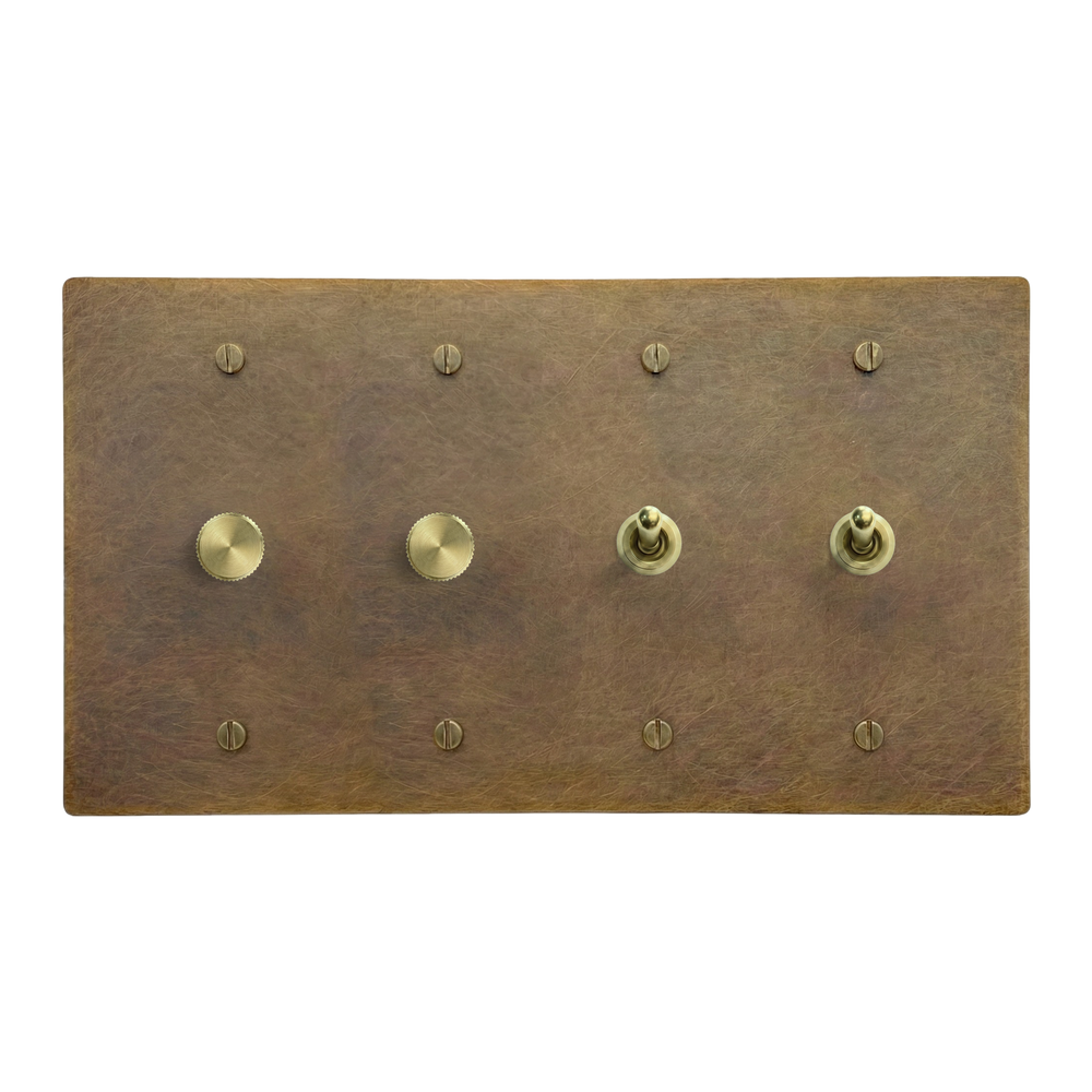 Aged Brass 4-Gang Dimmer, Dimmer, Vintage Toggle & Vintage Toggle Switch Plate