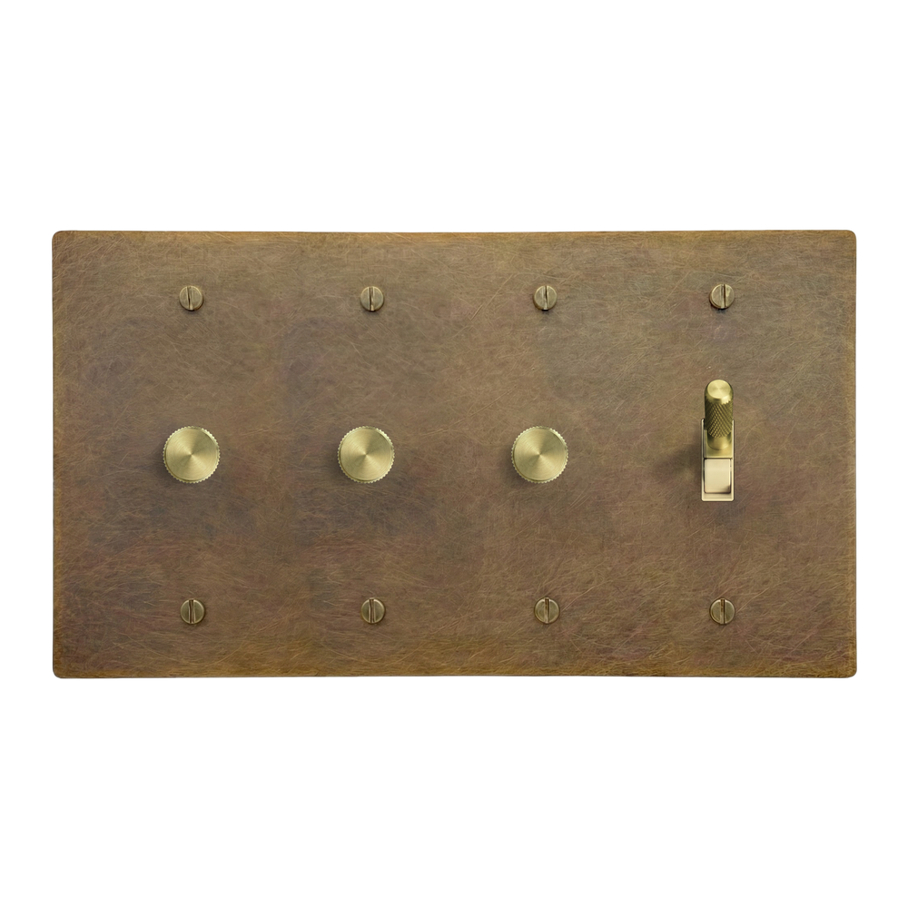 Aged Brass 4-Gang Dimmer, Dimmer, Dimmer & Toggle Switch Plate in Ivory
