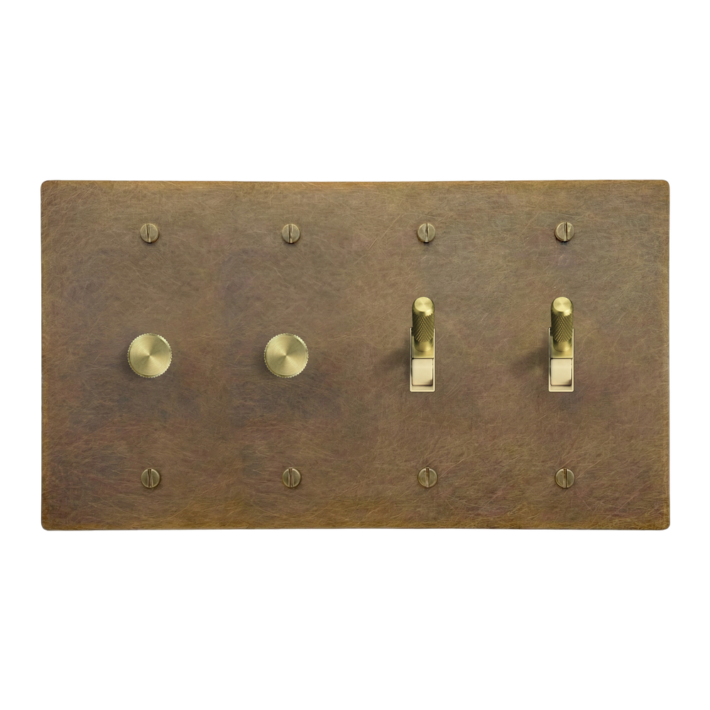 Aged Brass 4-Gang Dimmer, Dimmer, Toggle & Toggle Switch Plate in Ivory