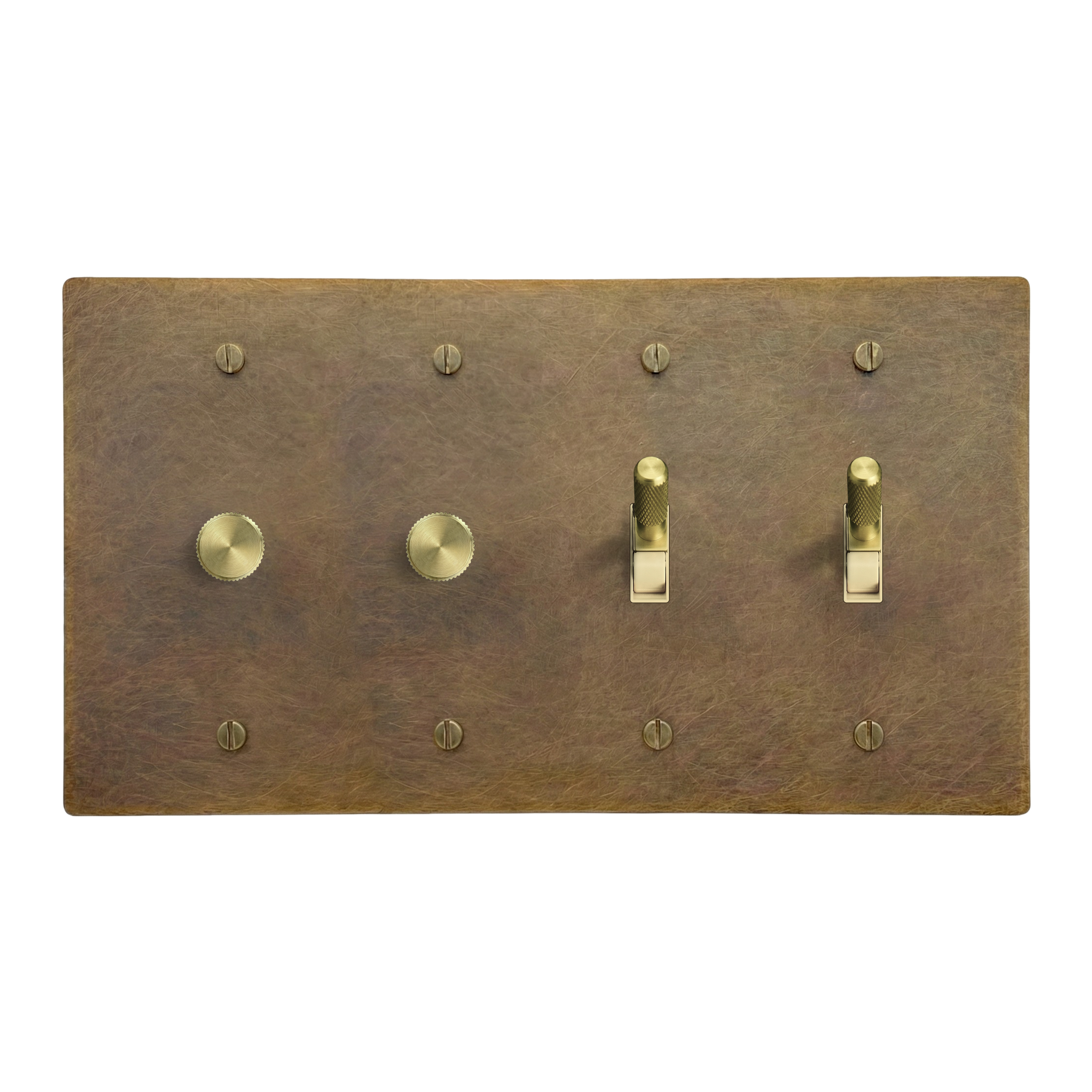 Aged Brass 4-Gang Dimmer, Dimmer, Toggle & Toggle Switch Plate in Ivory