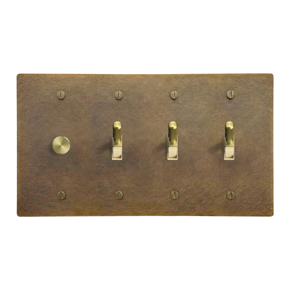 Aged Brass 4-Gang Dimmer, Toggle, Toggle & Toggle Switch Plate in Ivory