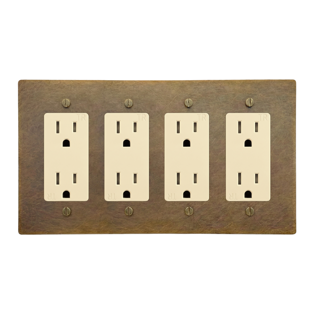 Aged Brass 4-Gang Duplex Outlet, Duplex Outlet, Duplex Outlet & Duplex Outlet Switch Plate in Ivory