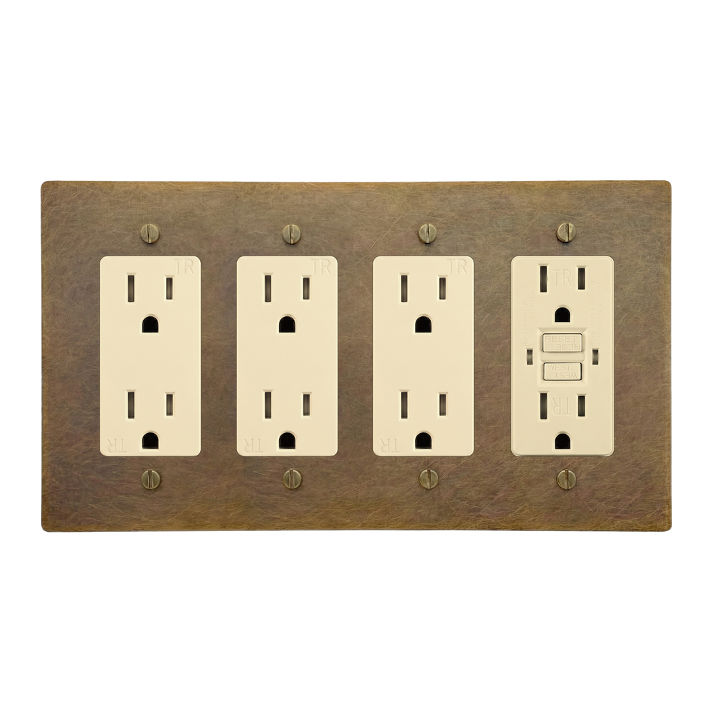 Aged Brass 4-Gang Duplex Outlet, Duplex Outlet, Duplex Outlet & GFCI Outlet Switch Plate in Ivory