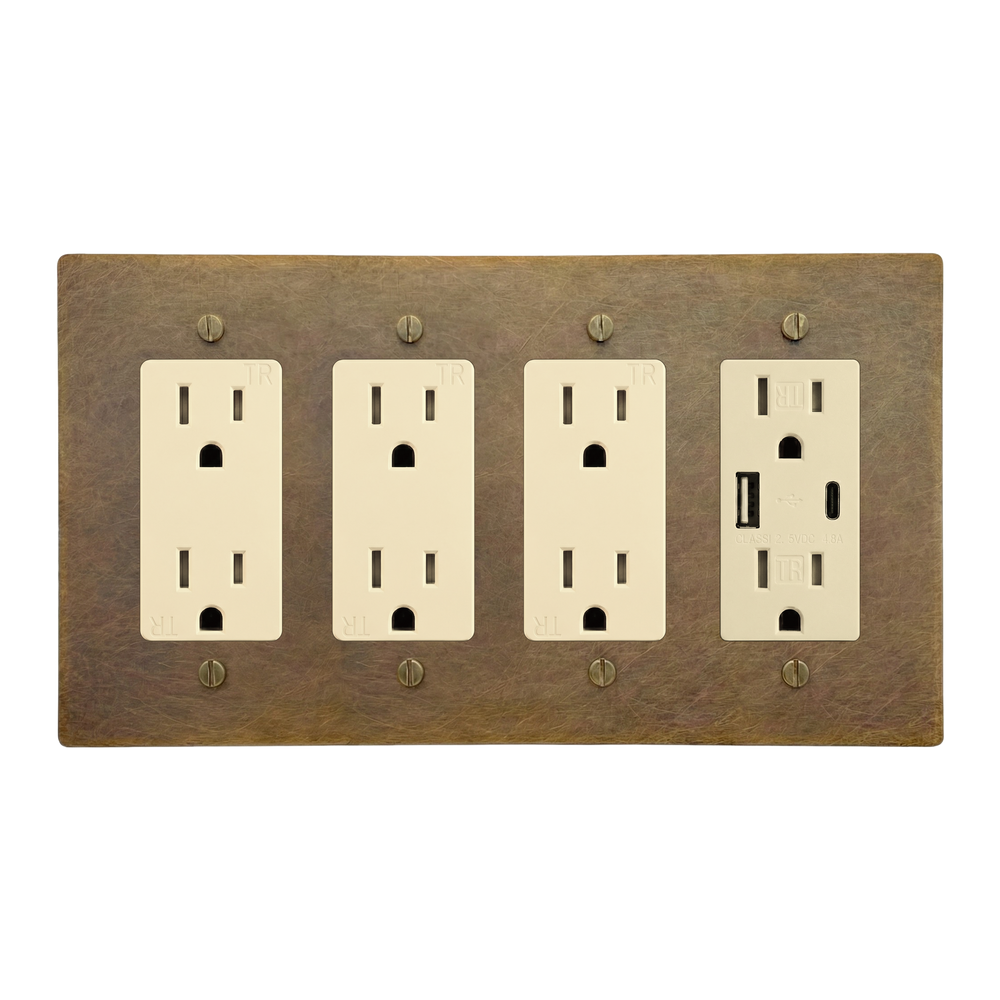 Aged Brass 4-Gang Duplex Outlet, Duplex Outlet, Duplex Outlet & USB Outlet Switch Plate in Ivory
