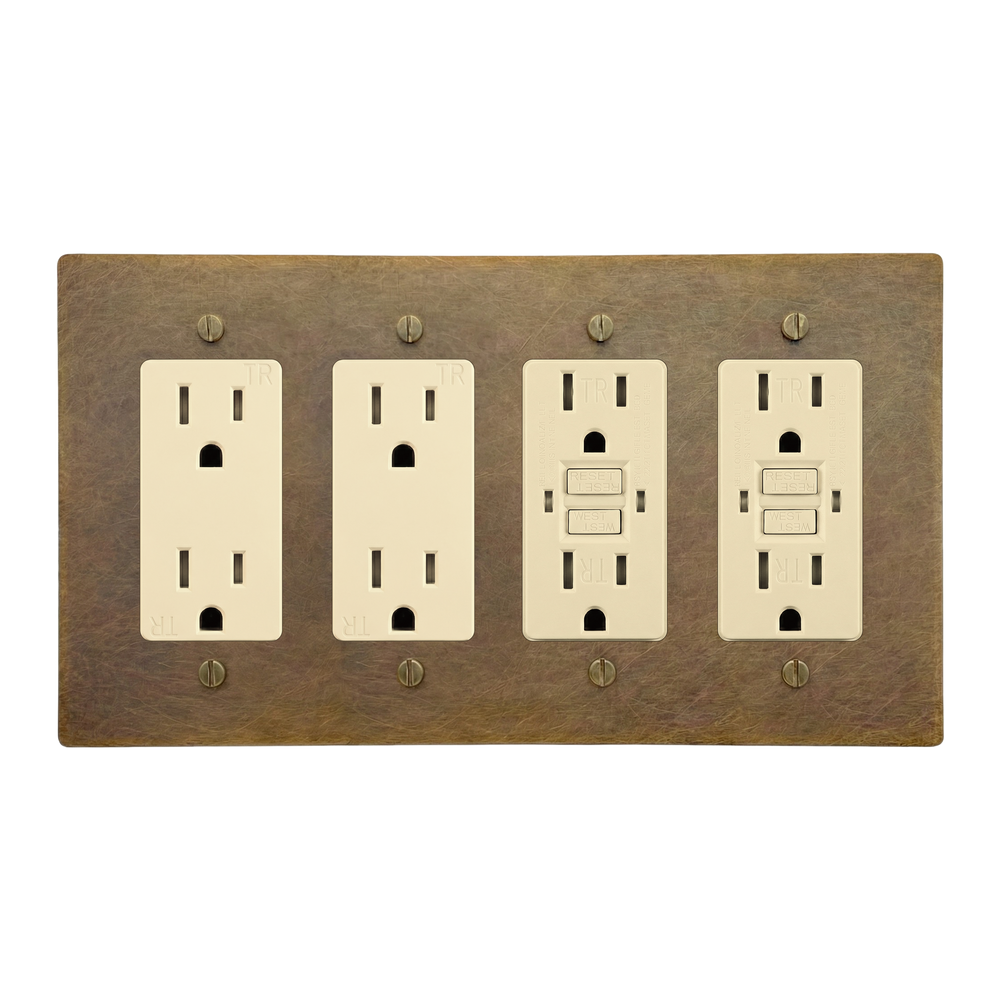 Aged Brass 4-Gang Duplex Outlet, Duplex Outlet, GFCI Outlet & GFCI Outlet Switch Plate in Ivory