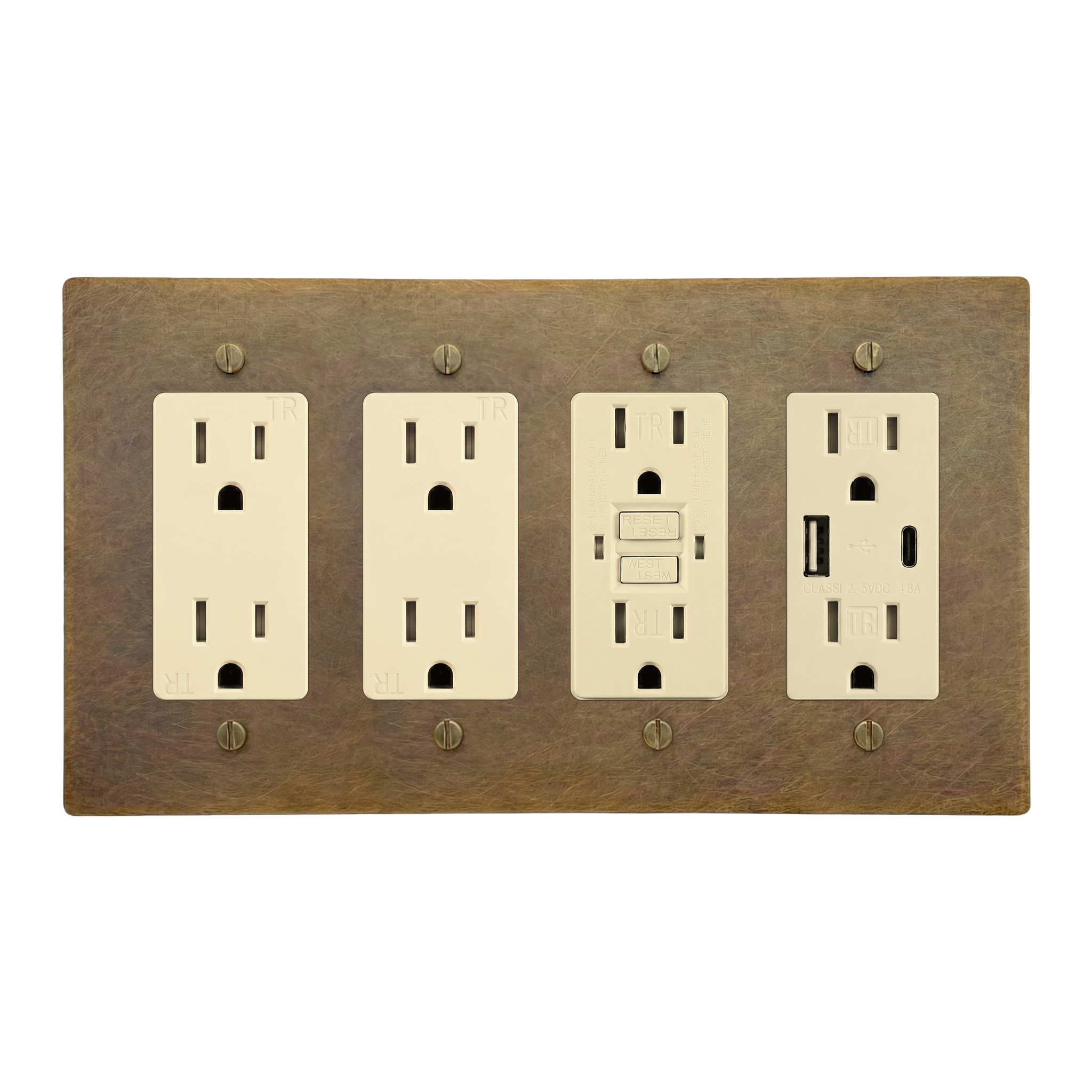 Aged Brass 4-Gang Duplex Outlet, Duplex Outlet, GFCI Outlet & USB Outlet Switch Plate in Ivory