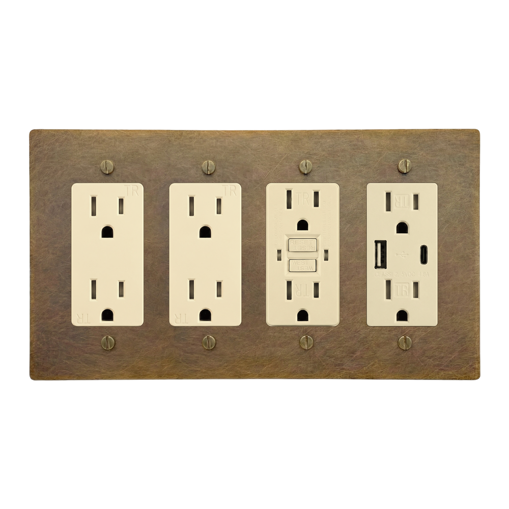 Aged Brass 4-Gang Duplex Outlet, Duplex Outlet, GFCI Outlet & USB Outlet Switch Plate in Ivory