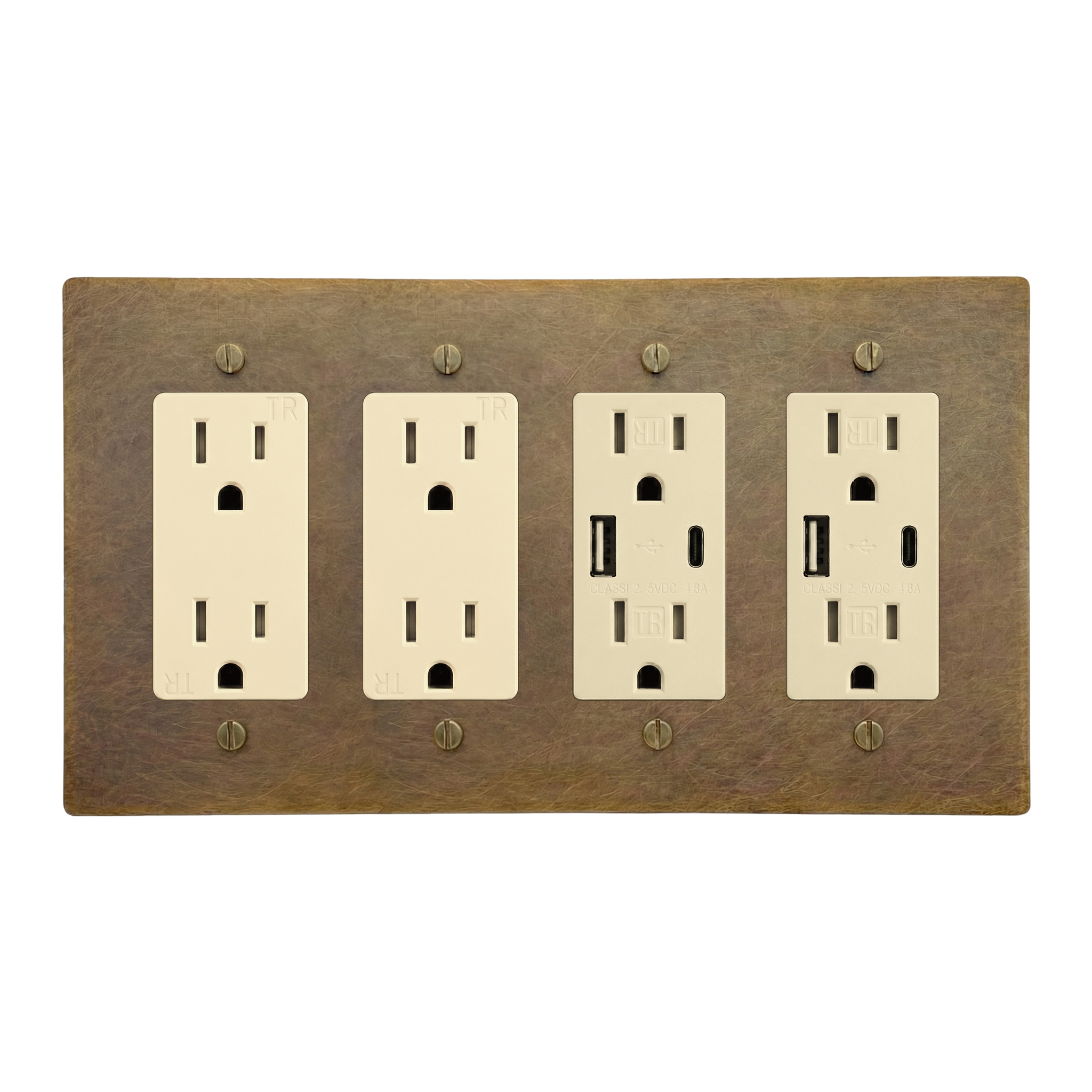 Aged Brass 4-Gang Duplex Outlet, Duplex Outlet, USB Outlet & USB Outlet Switch Plate in Ivory