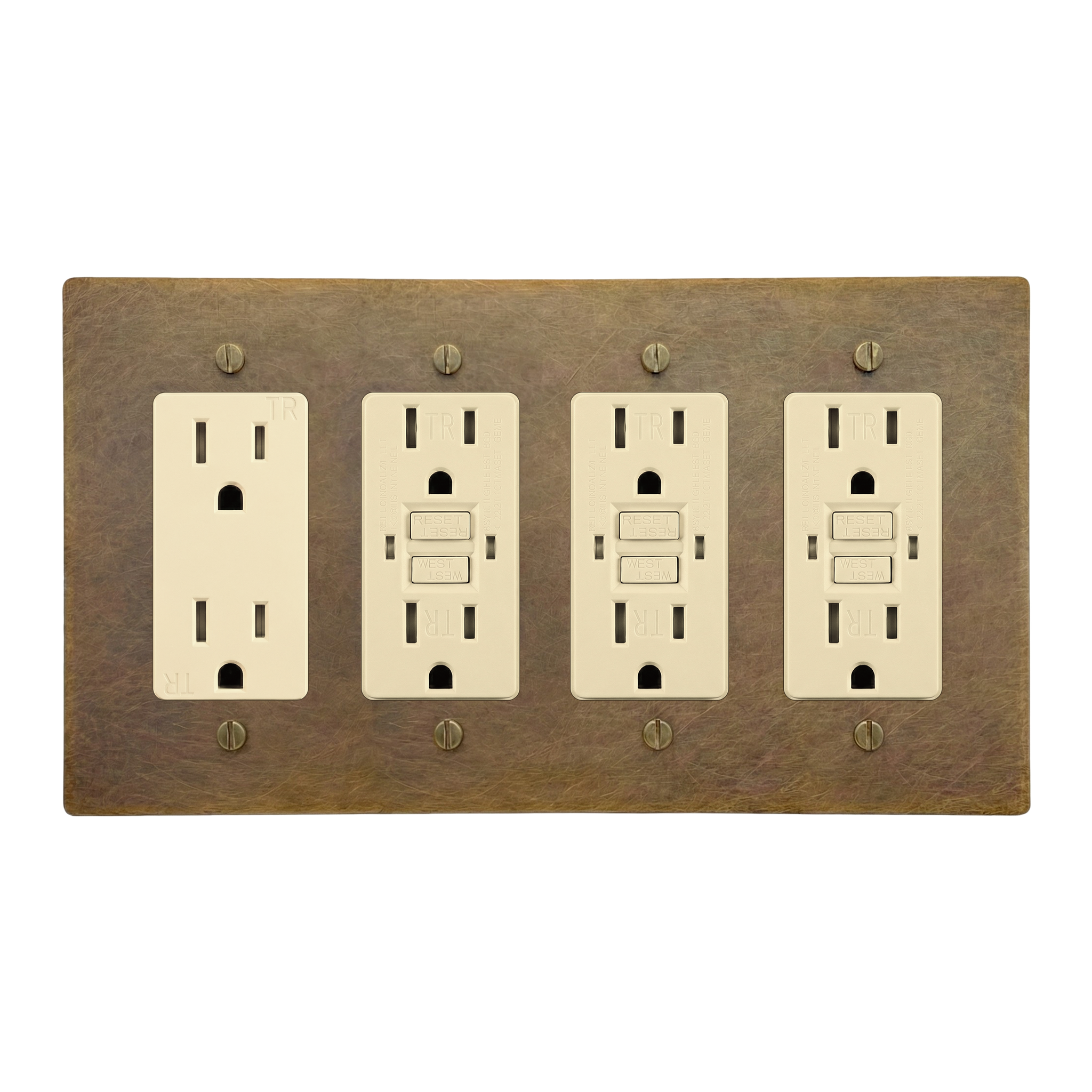 Aged Brass 4-Gang Duplex Outlet, GFCI Outlet, GFCI Outlet & GFCI Outlet Switch Plate in Ivory