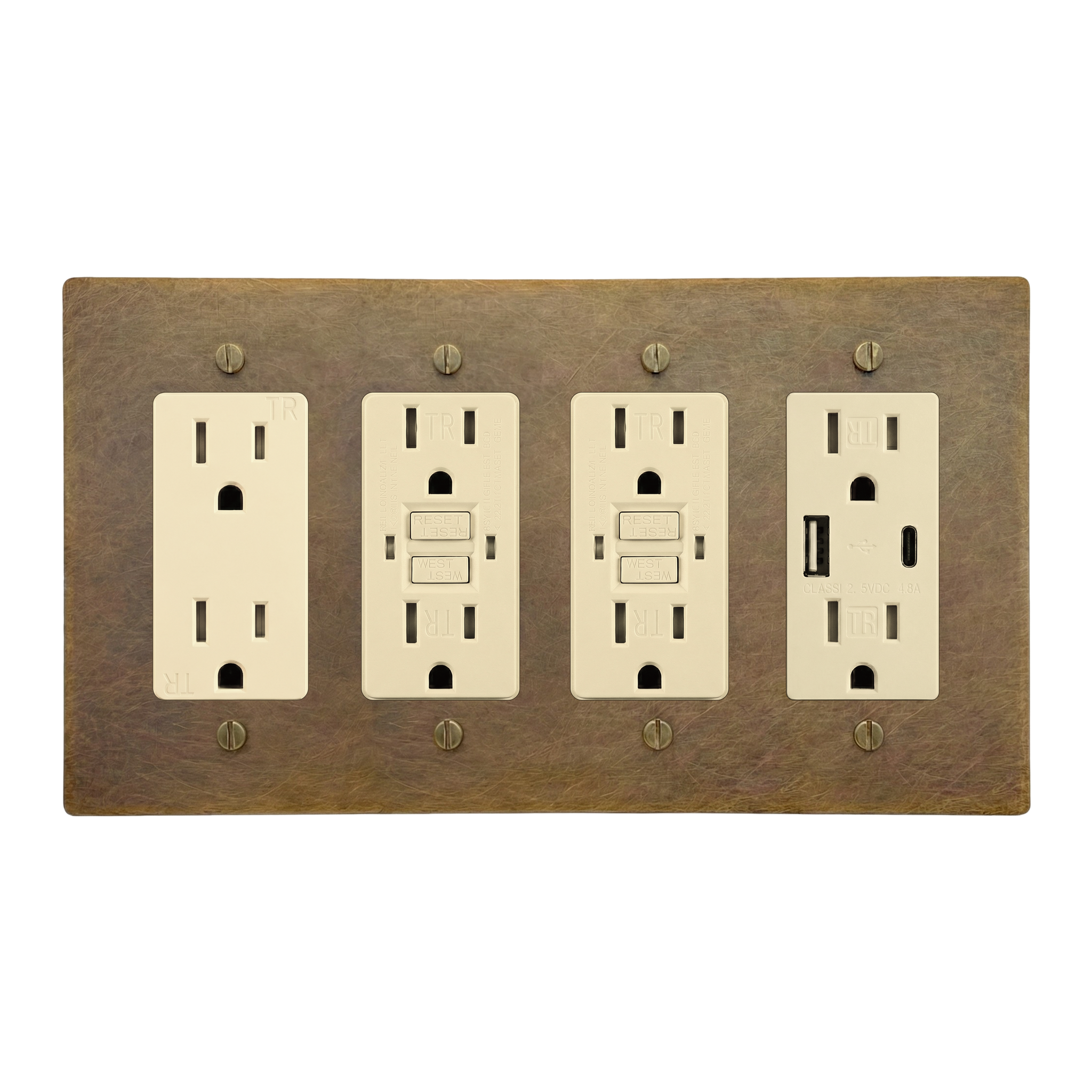 Aged Brass 4-Gang Duplex Outlet, GFCI Outlet, GFCI Outlet & USB Outlet Switch Plate in Ivory