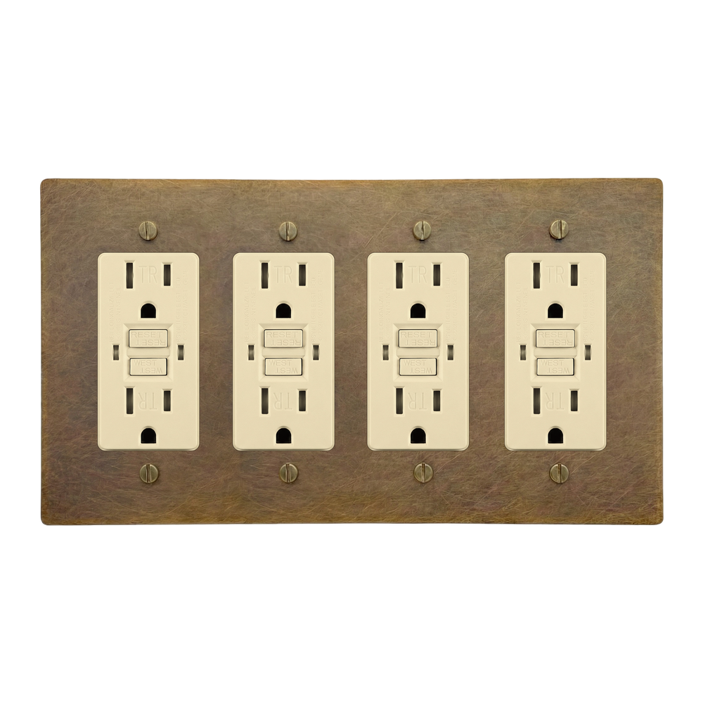 Aged Brass 4-Gang GFCI Outlet, GFCI Outlet, GFCI Outlet & GFCI Outlet Switch Plate in Ivory