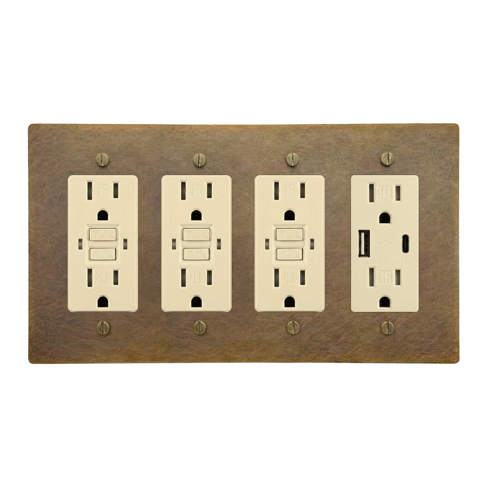 Aged Brass 4-Gang GFCI Outlet, GFCI Outlet, GFCI Outlet & USB Outlet Switch Plate in Ivory