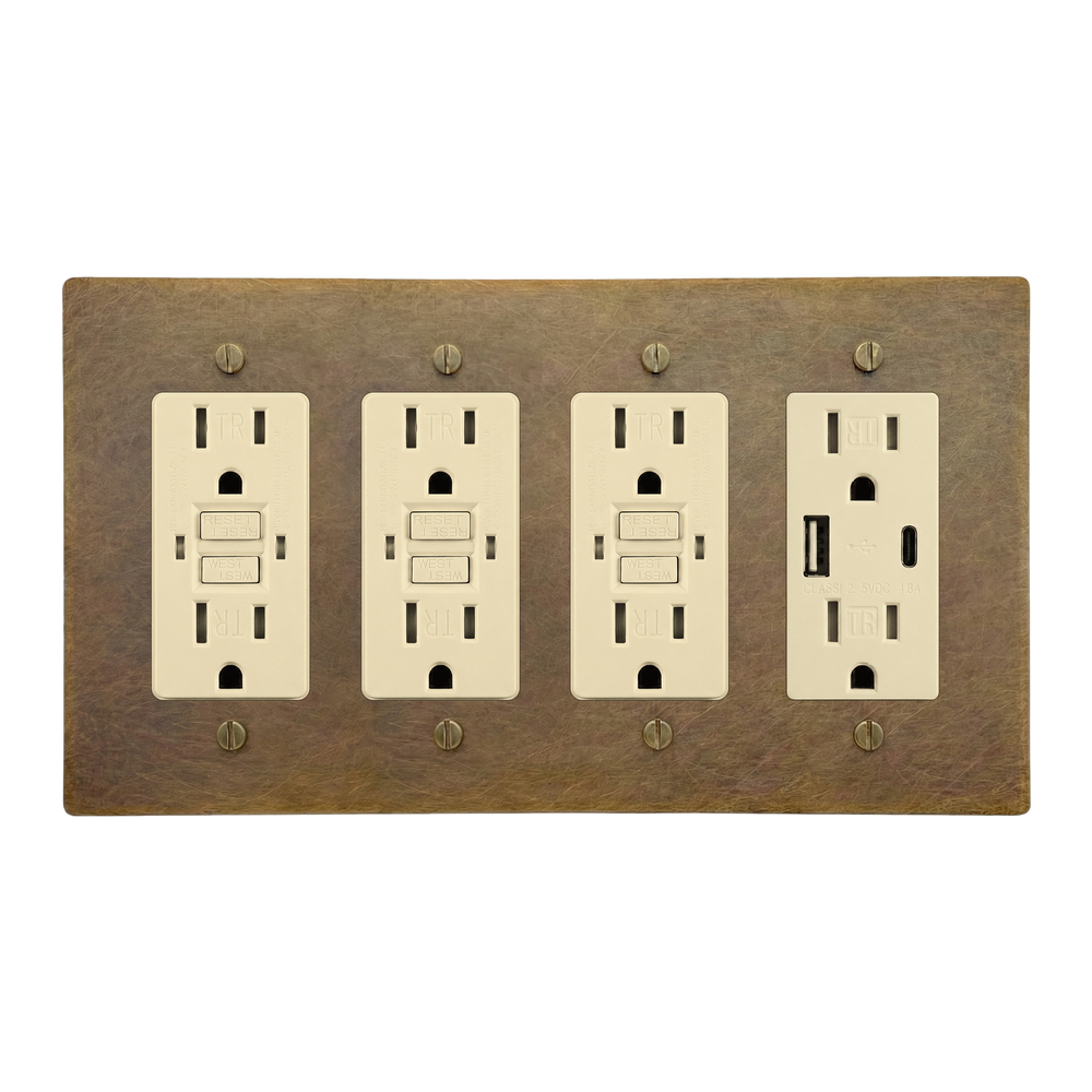 Aged Brass 4-Gang GFCI Outlet, GFCI Outlet, GFCI Outlet & USB Outlet Switch Plate in Ivory