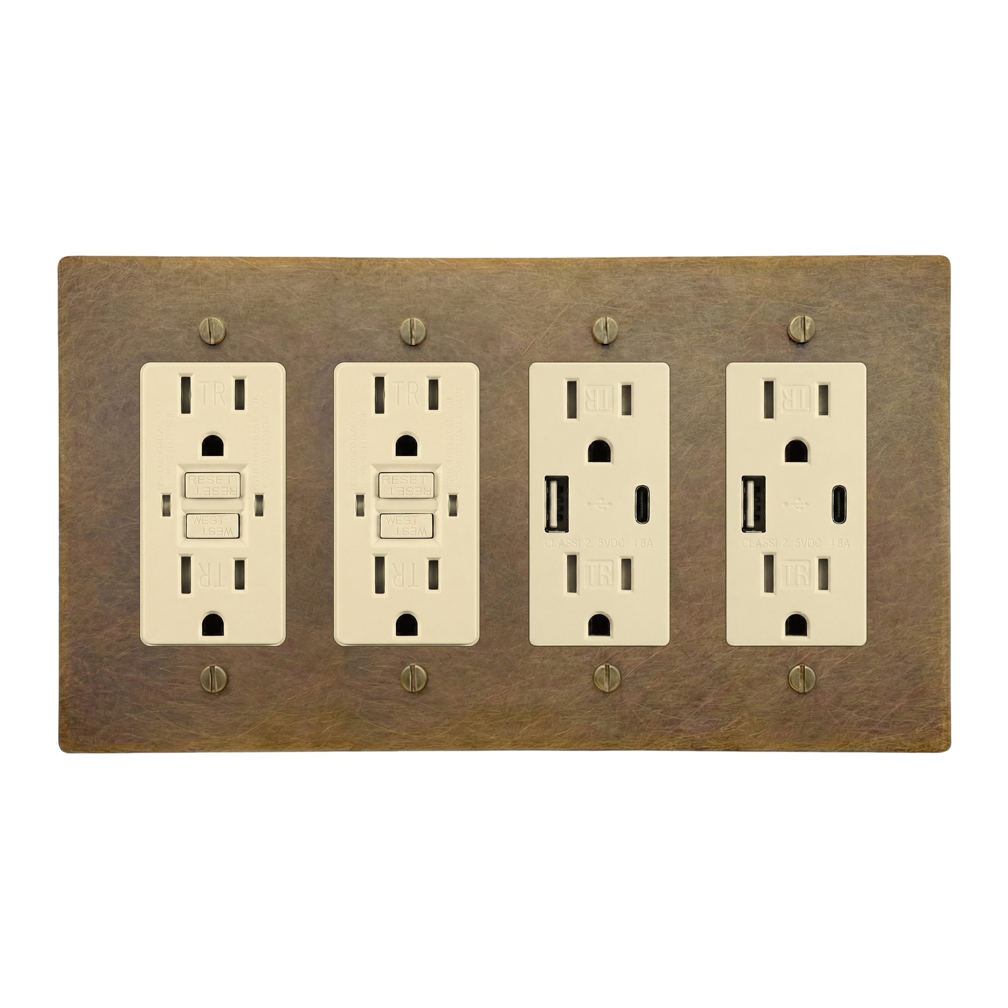 Aged Brass 4-Gang GFCI Outlet, GFCI Outlet, USB Outlet & USB Outlet Switch Plate in Ivory