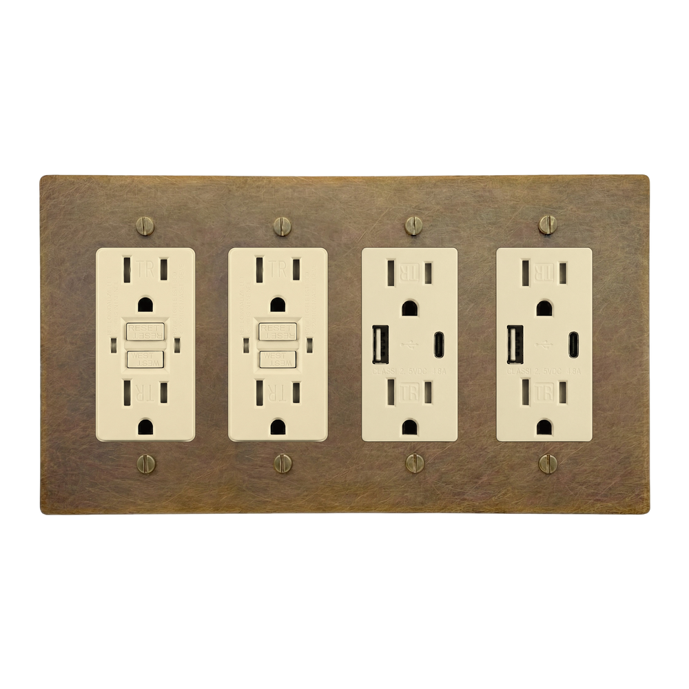 Aged Brass 4-Gang GFCI Outlet, GFCI Outlet, USB Outlet & USB Outlet Switch Plate in Ivory