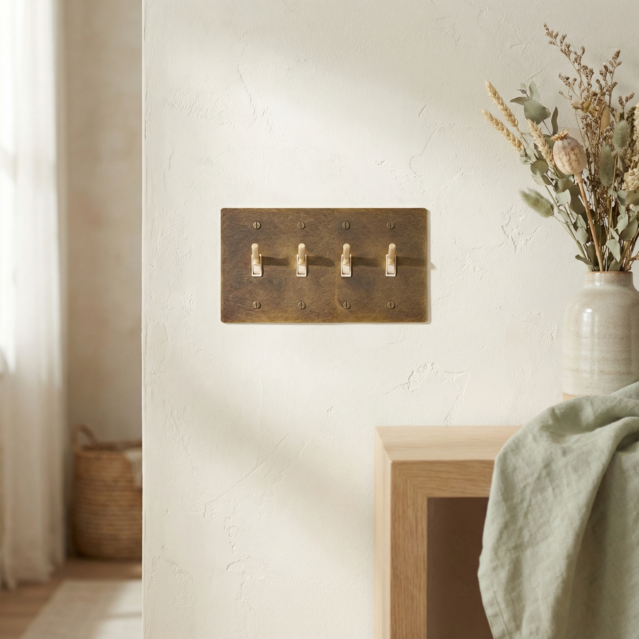 Aged brass 4 gang toggle switch plate on a textured wall, beside dried flowers and linen for timeless elegance.