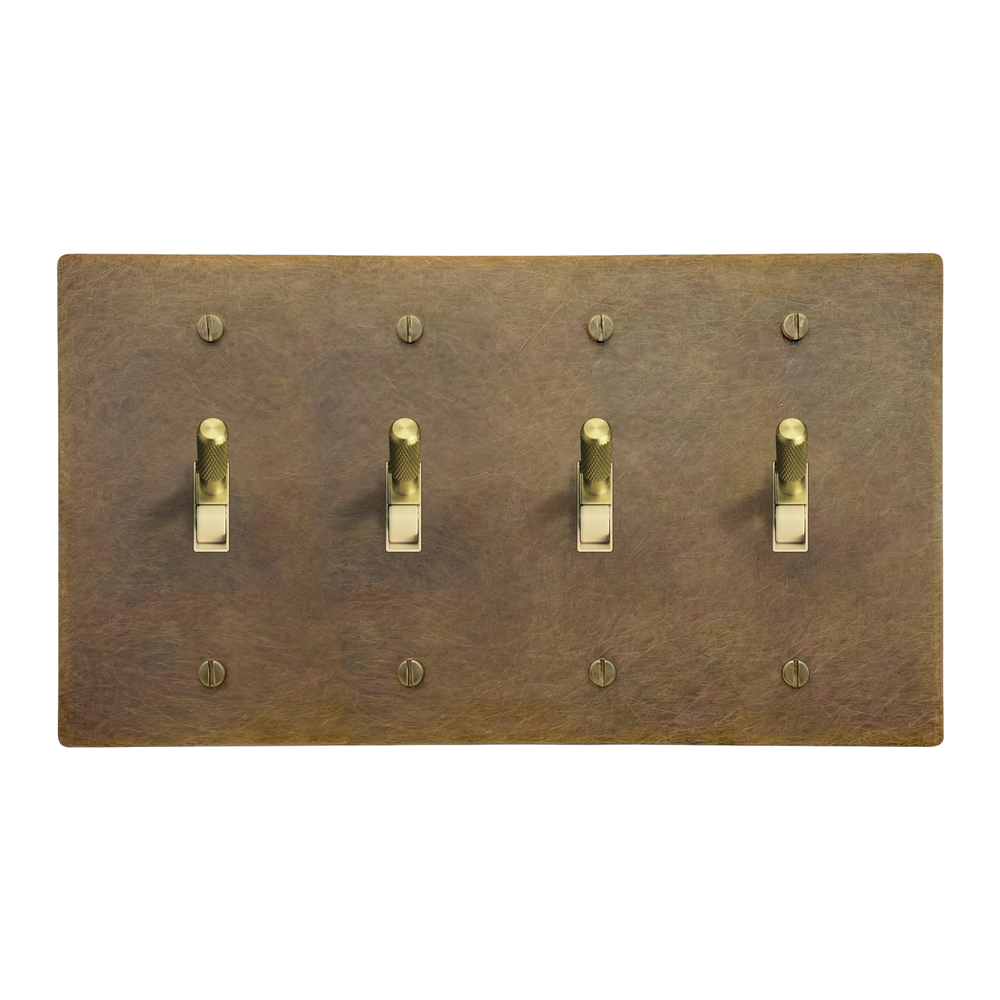 Aged Brass 4-Gang Toggle, Toggle, Toggle & Toggle Switch Plate in Ivory