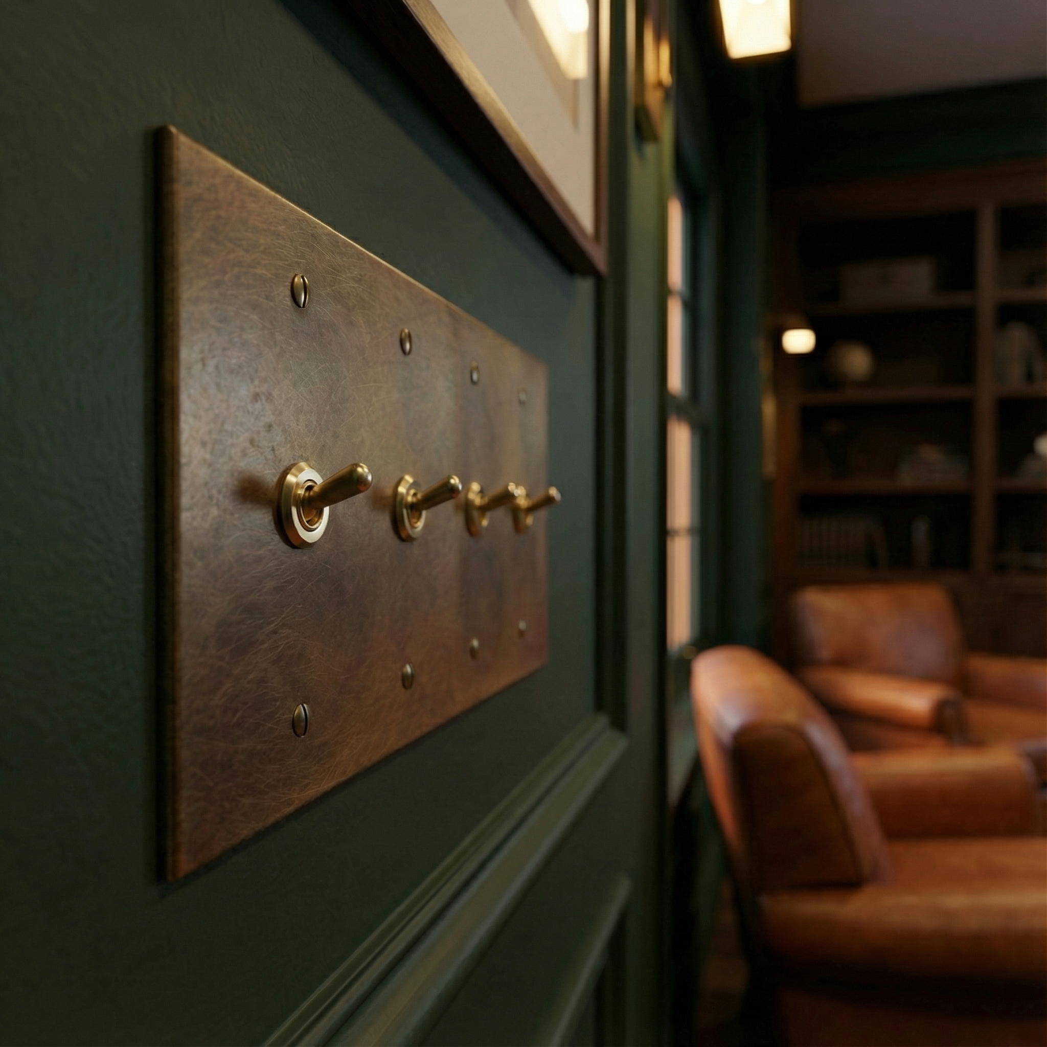 Aged brass 4 gang vintage toggle switch plate on a dark green wall, complementing a timeless, luxurious study.