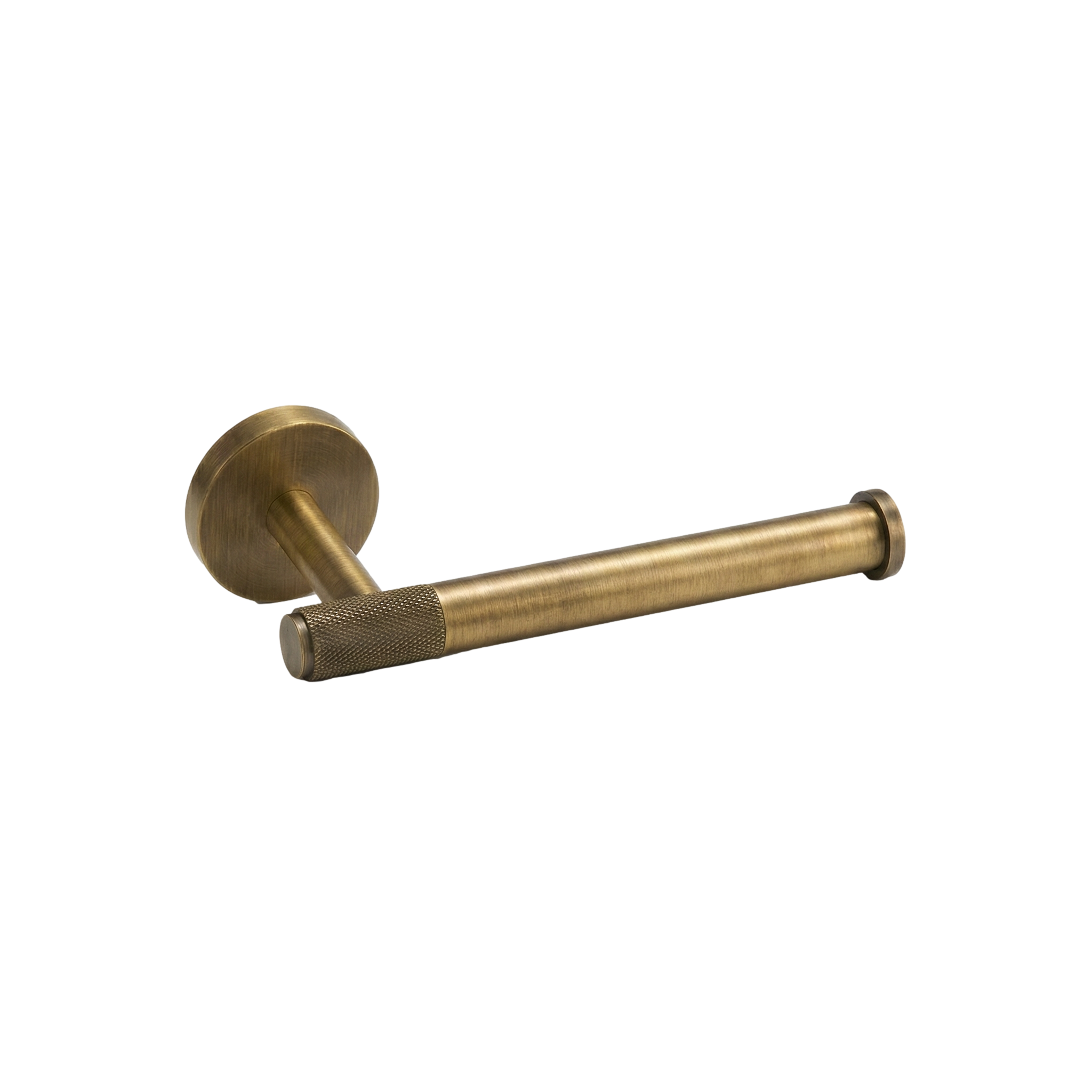 Heirloom aged brass toilet paper holder with elegant knurled texture and brushed finish for timeless luxury.