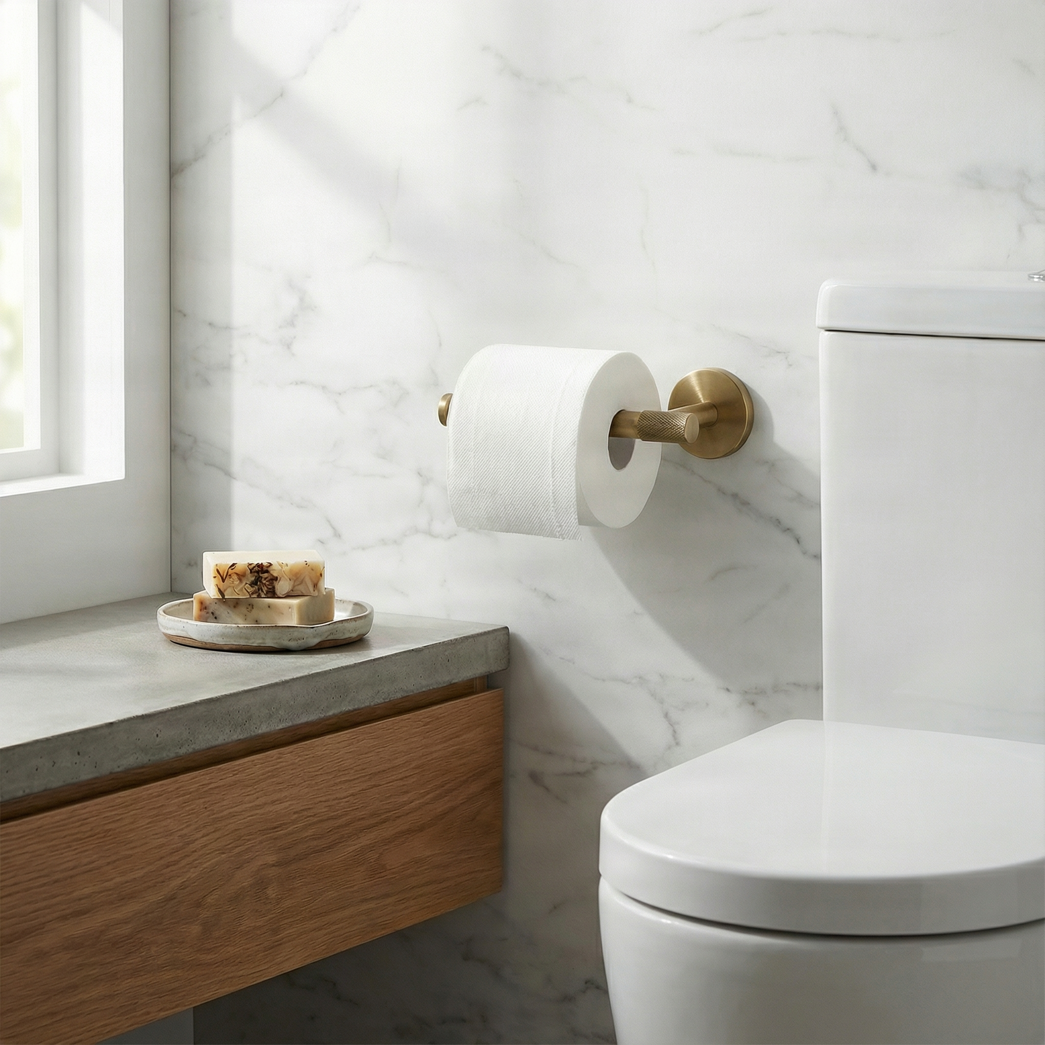 Elegant knurled brass bathroom toilet paper holder on a white marble wall.