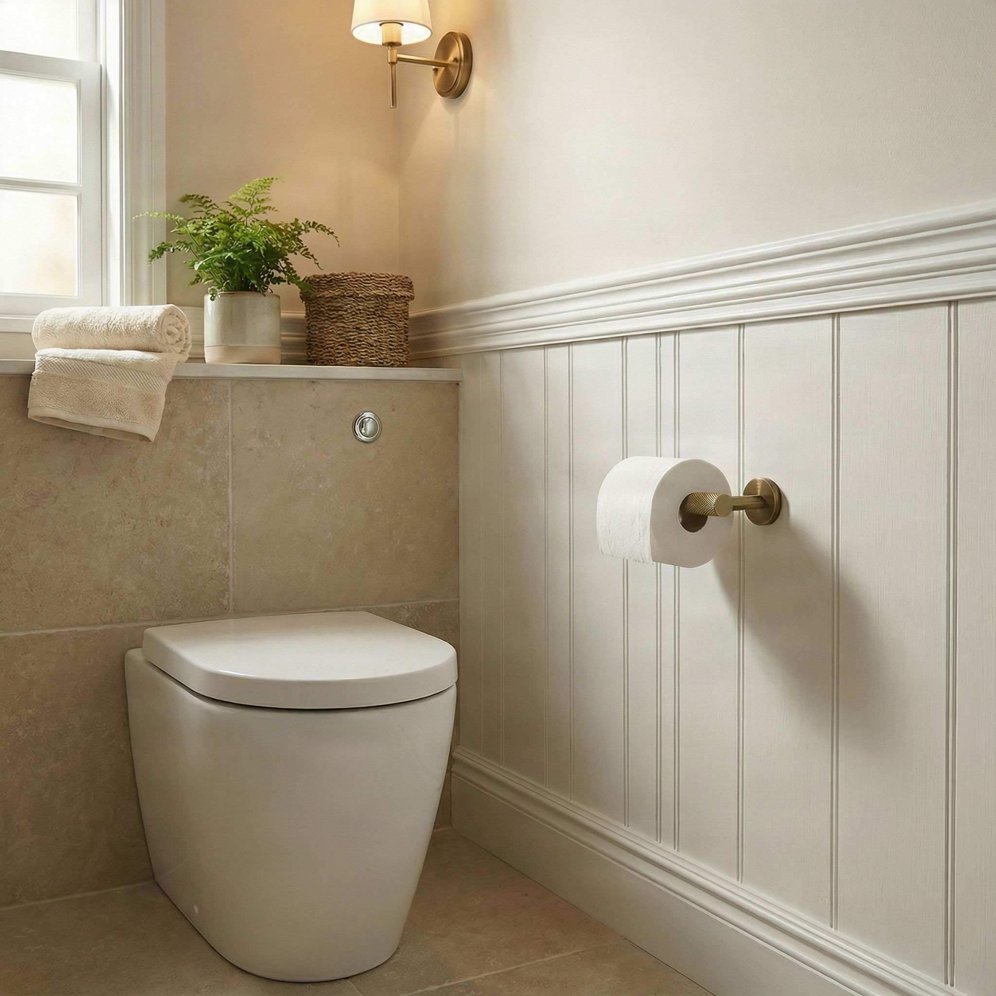 Timeless bathroom showcasing a knurled aged brass toilet paper holder and elegant wainscoting.