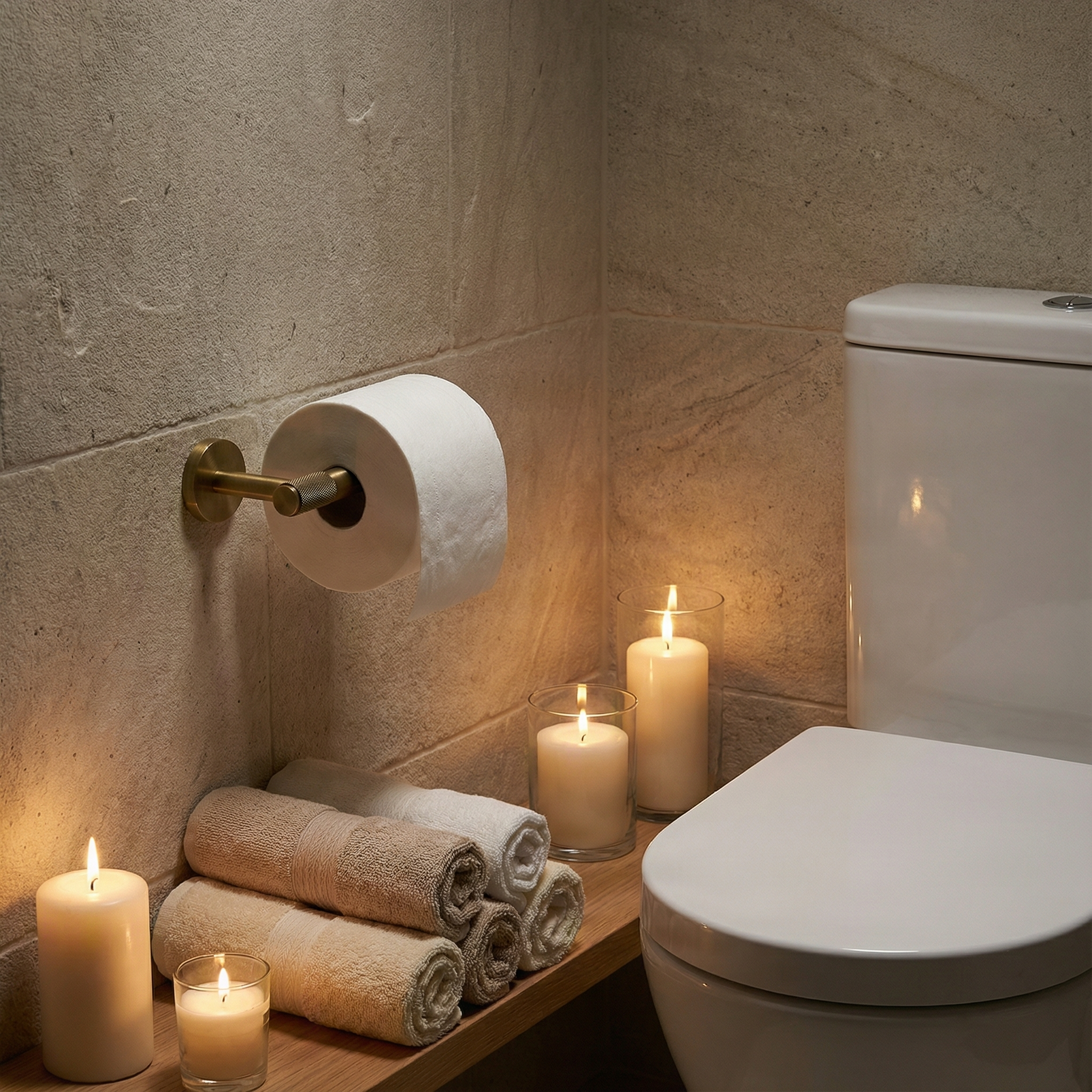 Crafted modern brass bathroom hardware toilet paper holder on stone wall, with candles and soft towels for timeless luxury.
