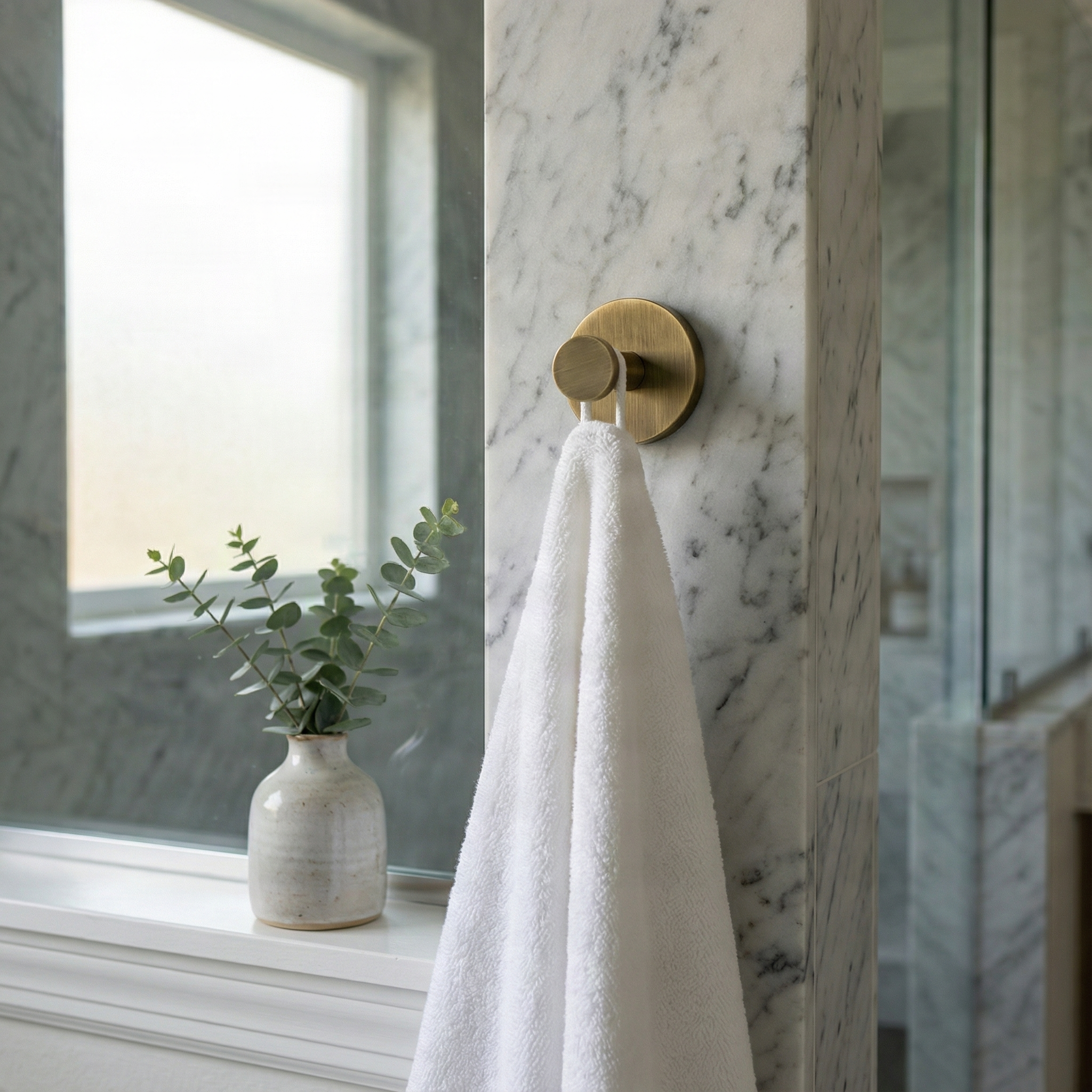 Timeless brass bathroom towel hook on polished marble, holding a plush white towel. Eucalyptus by sunlit window.