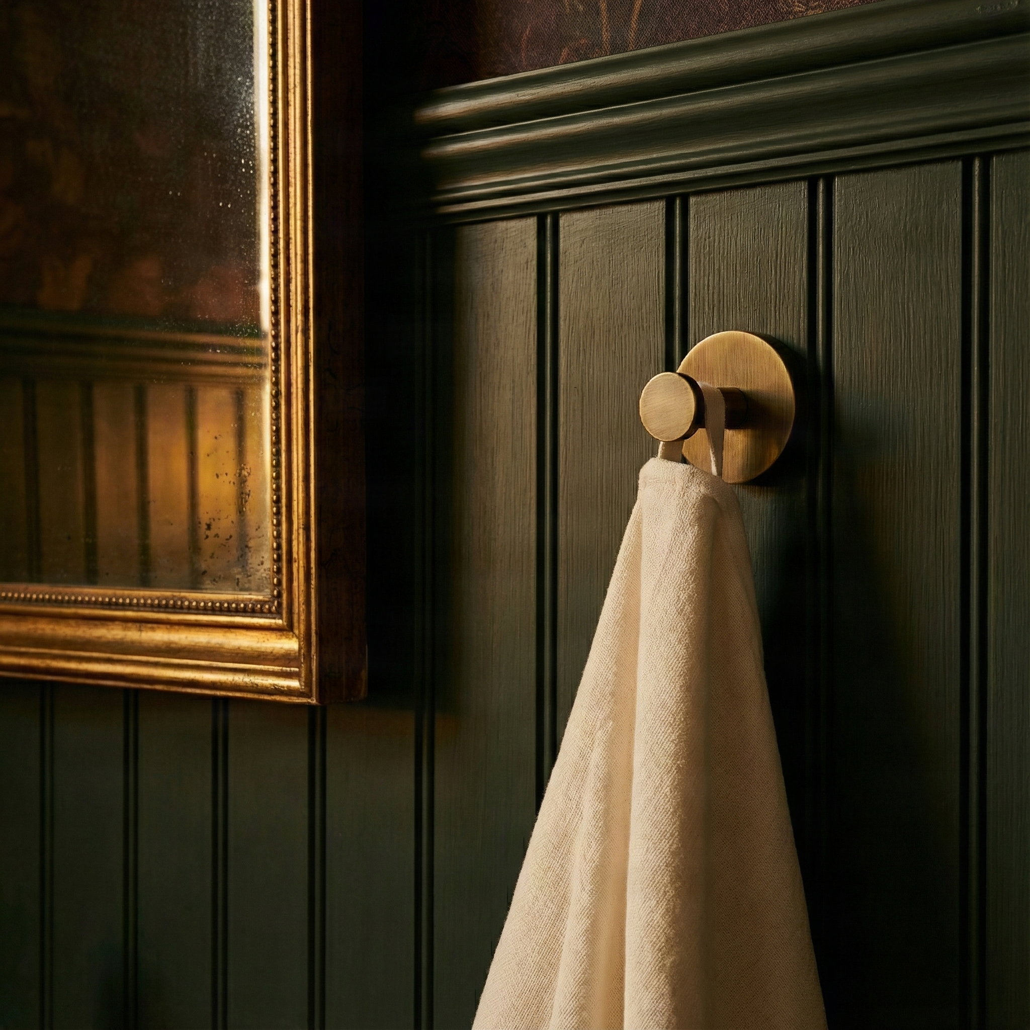 Elegant dark green bathroom with a modern brass bathroom hardware towel hook holding a cream towel.