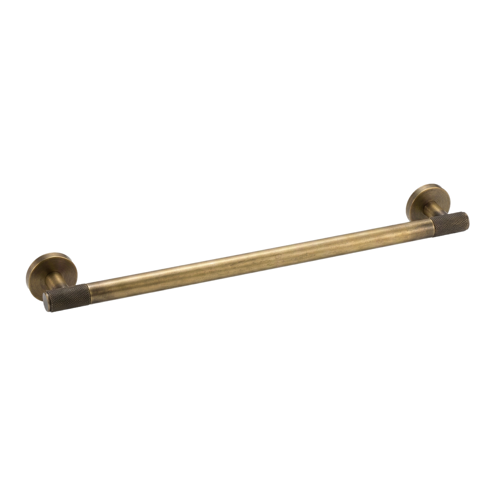 Aged brass 24 inch towel bar with distinctive knurled ends, exuding timeless luxury.