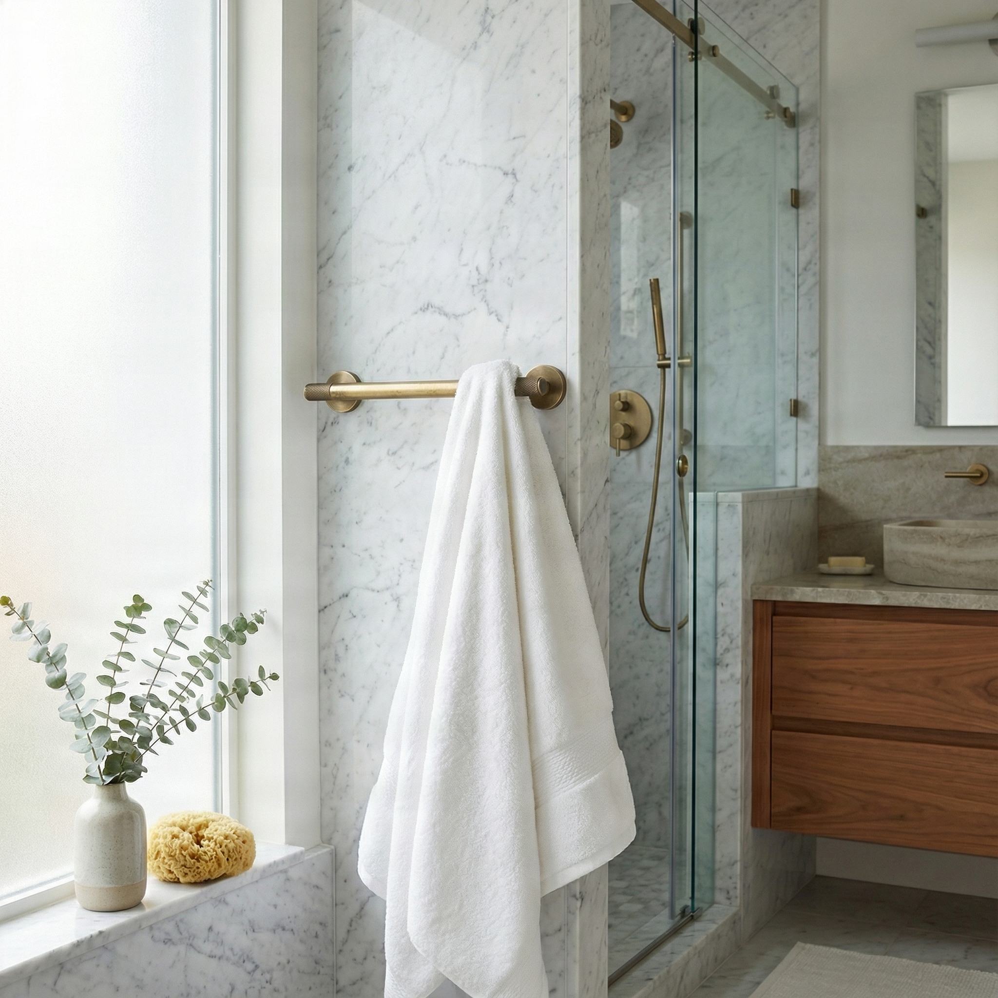 Elegant marble bathroom with a white towel on a brass bathroom 24 inch towel bar and matching shower fixtures.