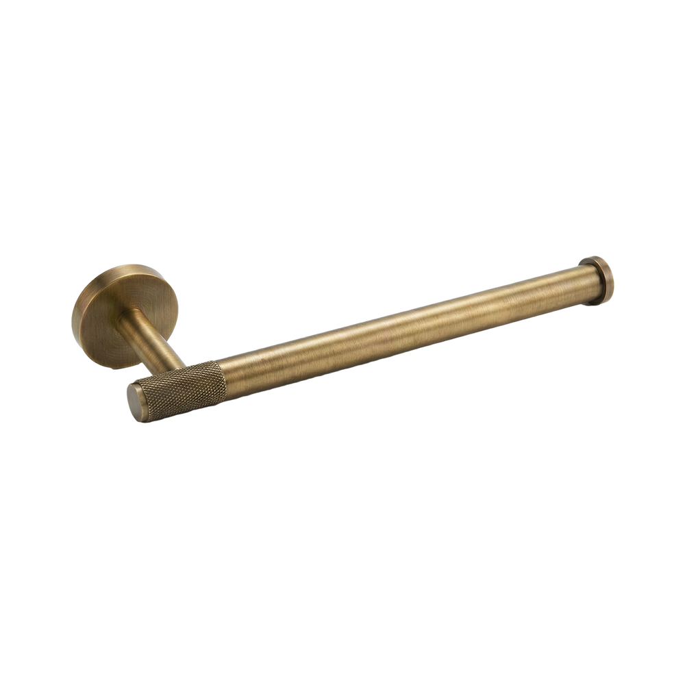 aged brass 11 inch towel bar. Knurled, brushed finish, for timeless luxury craftsmanship.