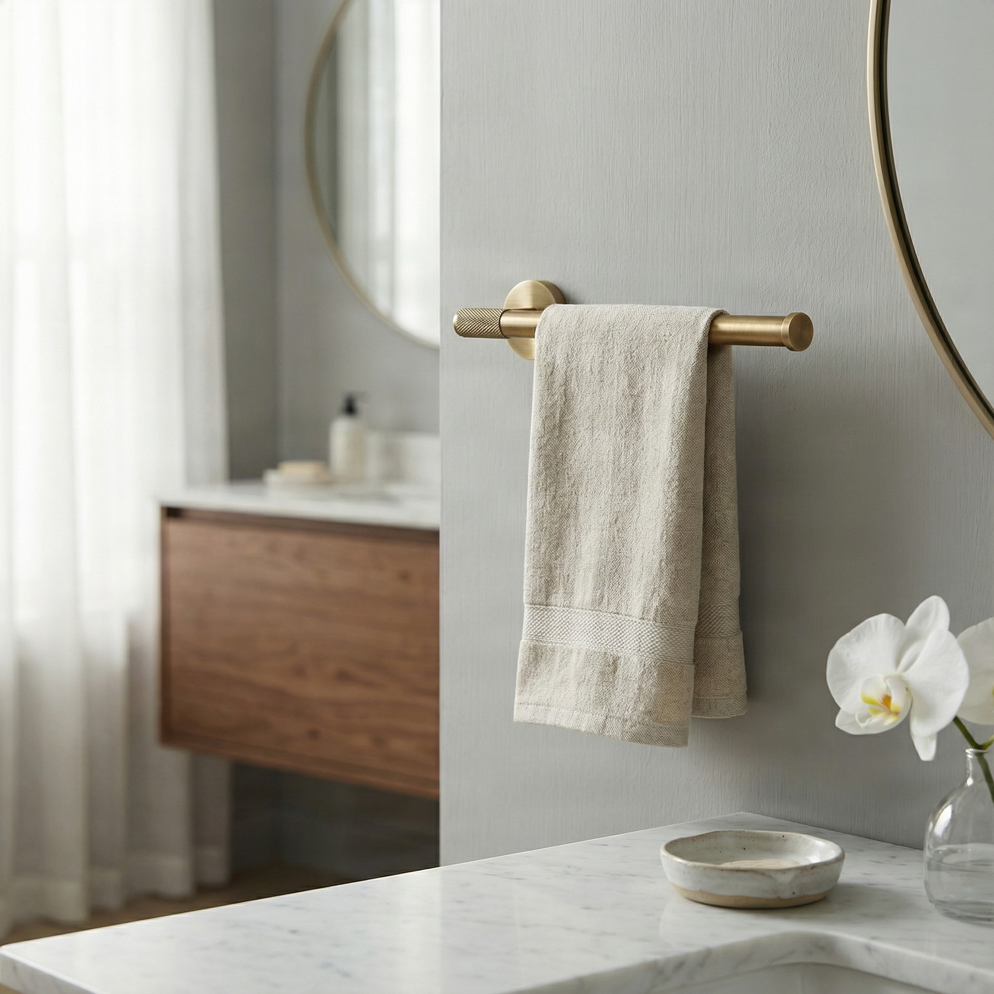 Elegant brass bathroom 11 inch towel bar holding a linen towel in a muted, luxurious bathroom setting.