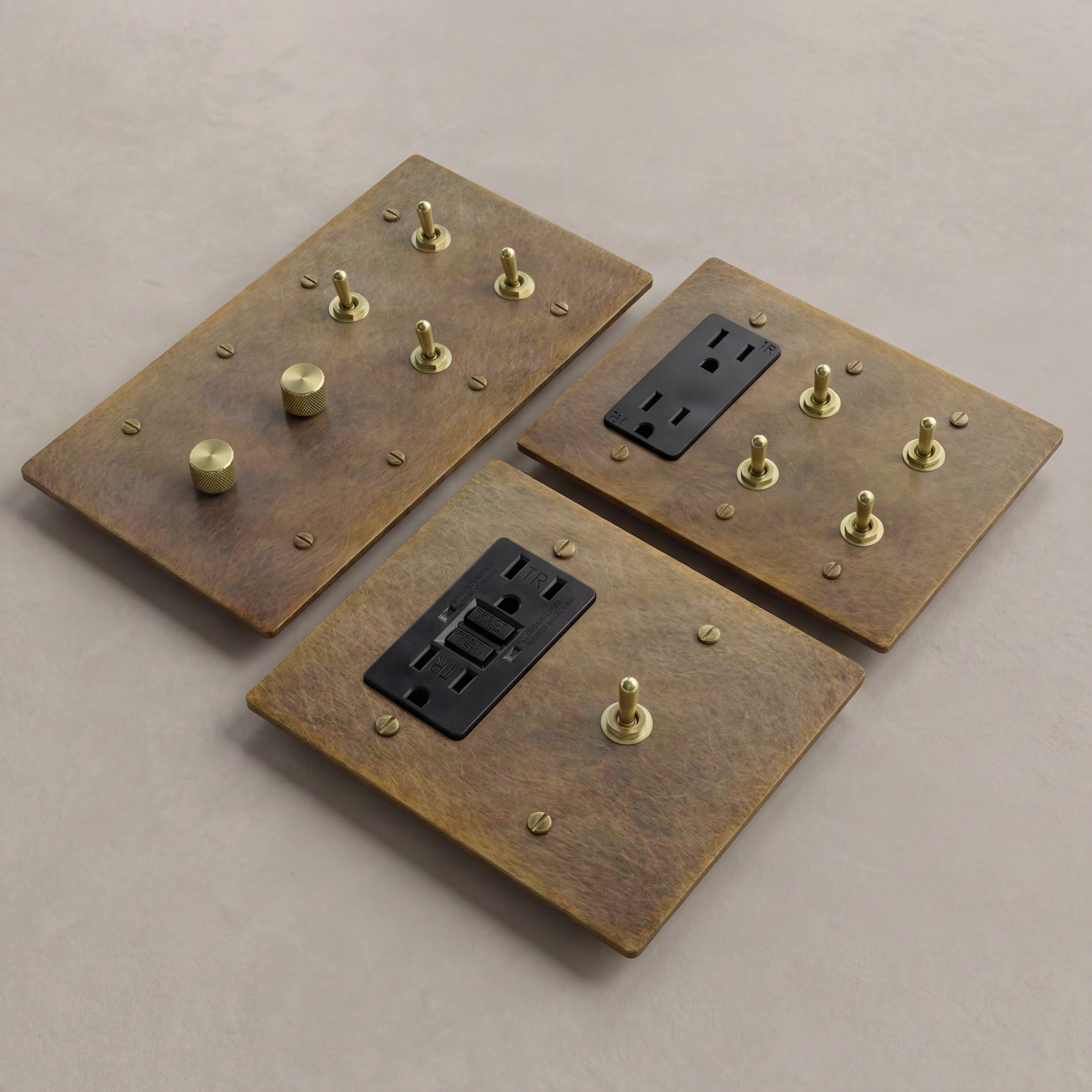 Richly patinated brass toggle switches, an heirloom quality display.