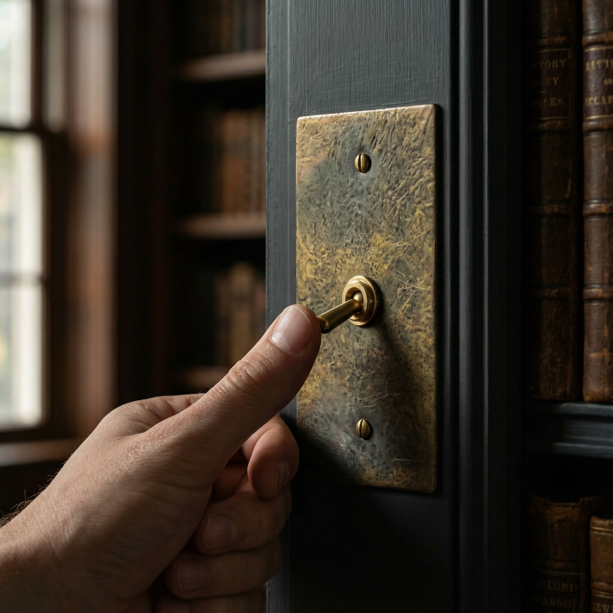 Hand on an antique brass 1 gang vintage toggle switch plate in a timeless library, exuding quiet luxury.