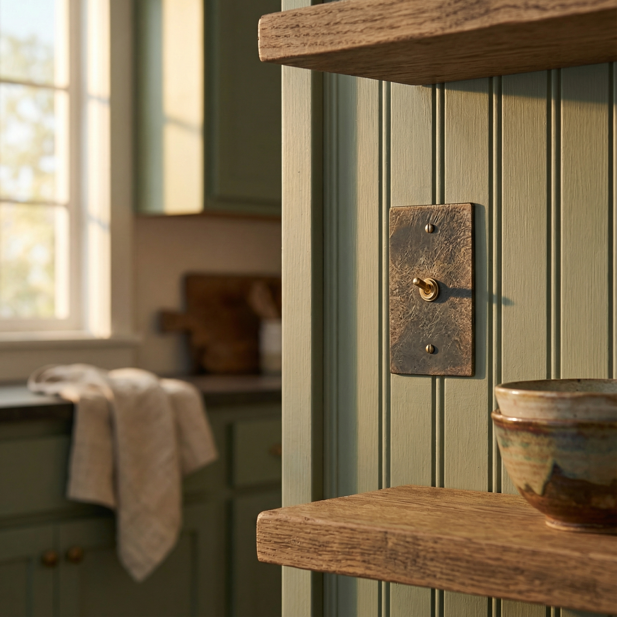 Textured antique brass 1 gang vintage toggle switch plate on green beadboard, showcasing timeless elegance.