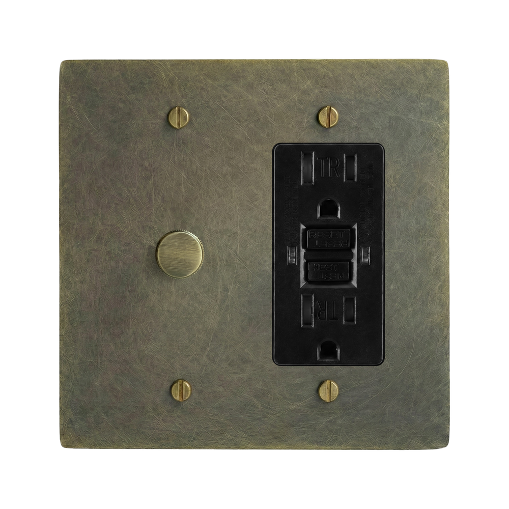 Antique Brass 2-Gang Dimmer & GFCI Outlet Switch Plate in Black