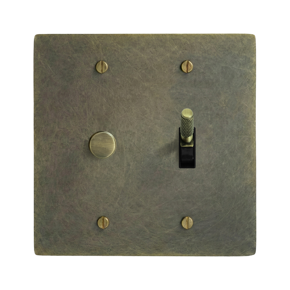 Antique Brass 2-Gang Dimmer & Toggle Switch Plate in Black