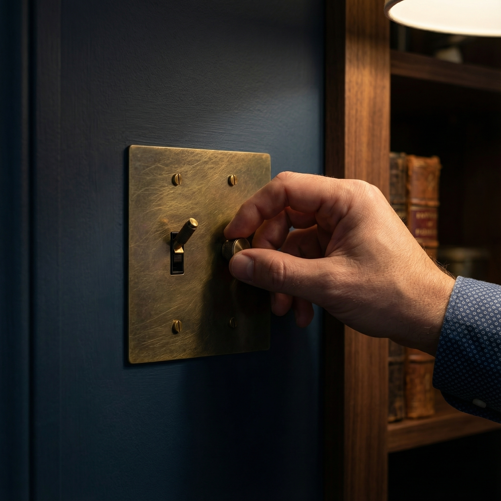 Timeless elegance: Hand adjusting an antique brass 2 gang dimmer and toggle switch plate on a rich navy wall.