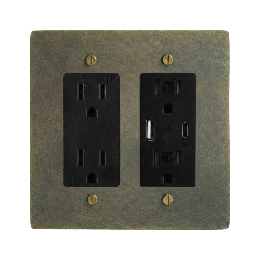 Antique Brass 2-Gang Duplex Outlet & USB Outlet Switch Plate in Black