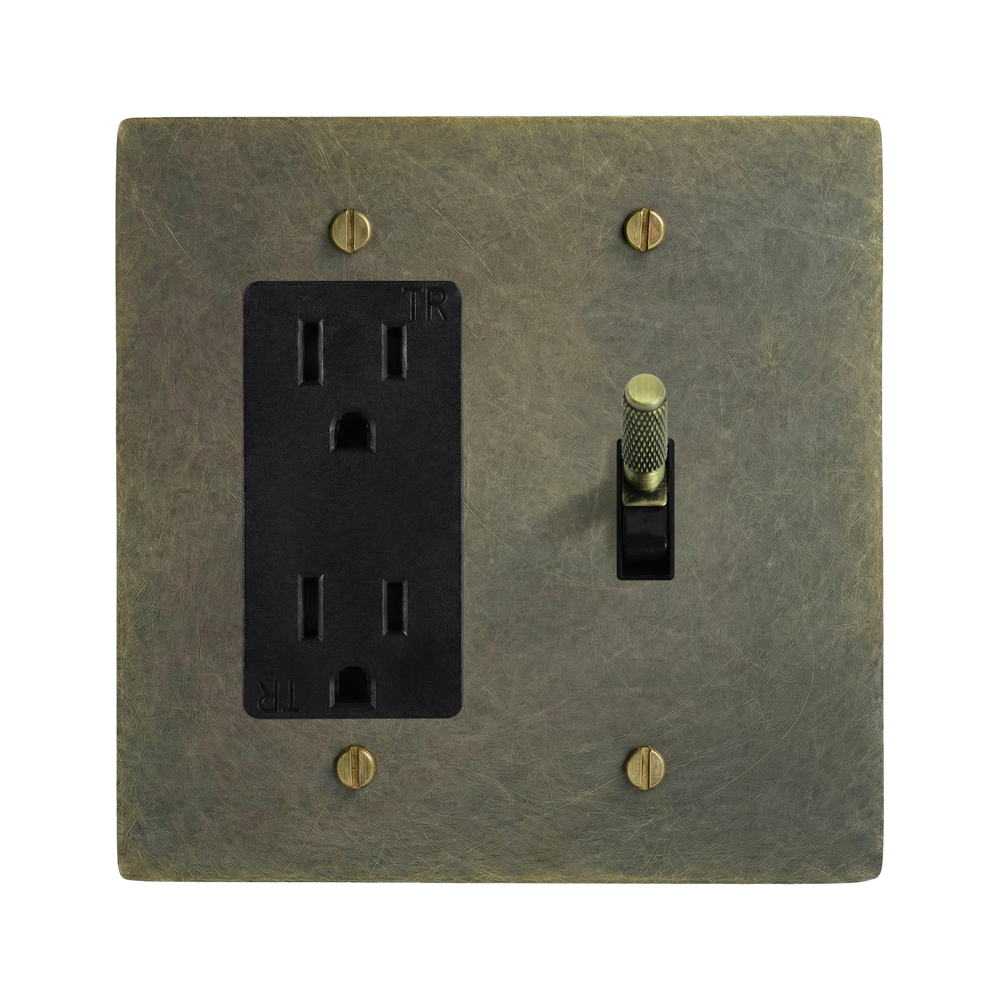 Antique Brass 2-Gang Duplex Outlet & Toggle Switch Plate in Black