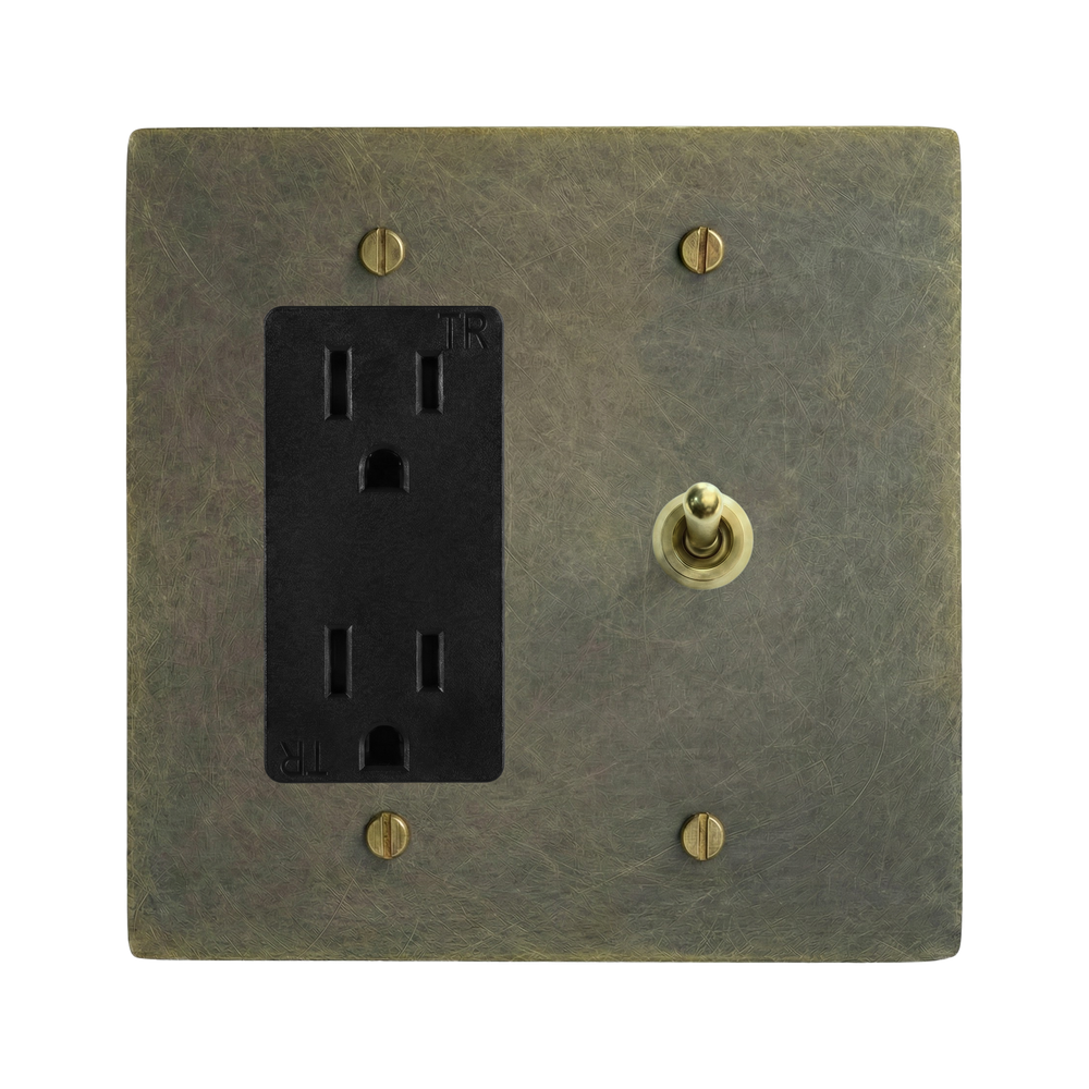 Antique Brass 2-Gang Duplex Outlet & Vintage Toggle Switch Plate in Black