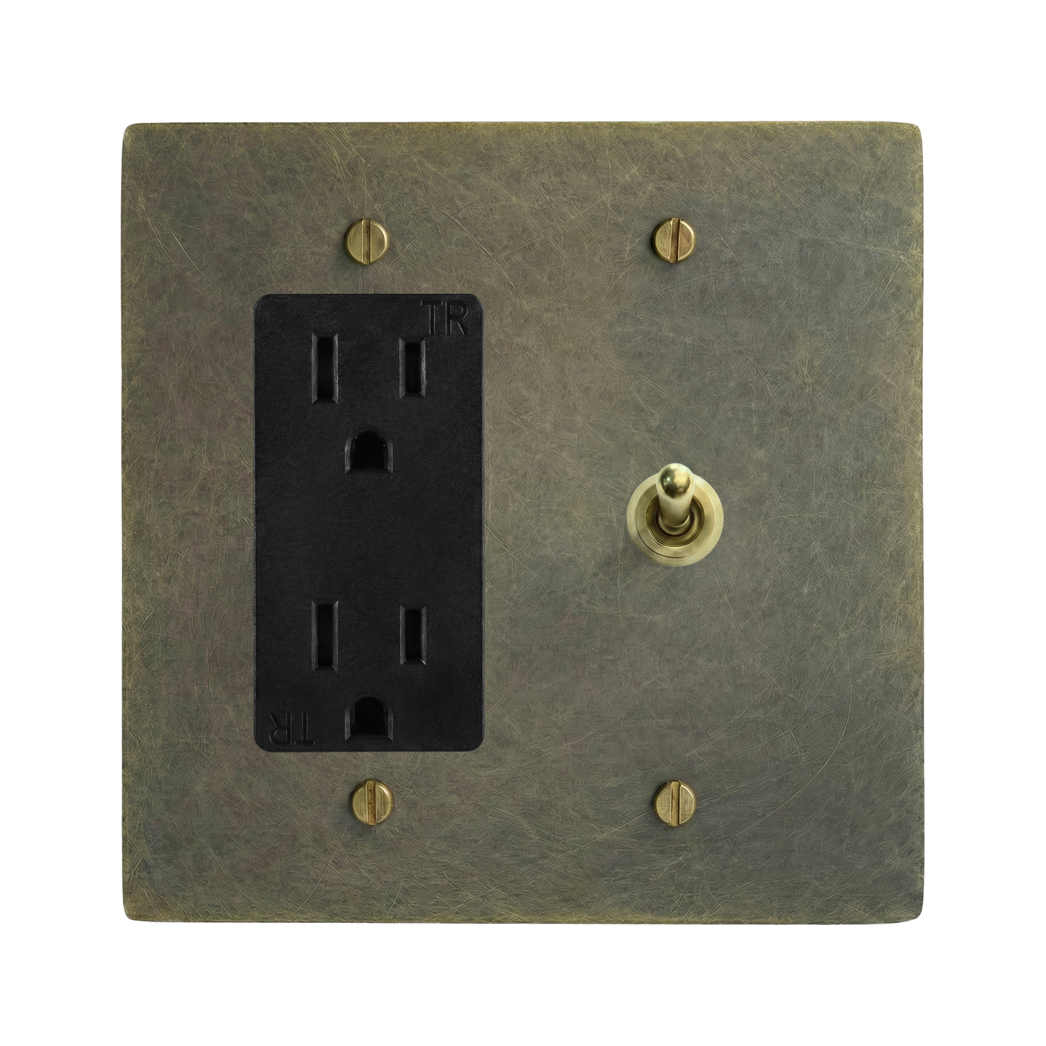 Antique Brass 2-Gang Duplex Outlet & Vintage Toggle Switch Plate in Black