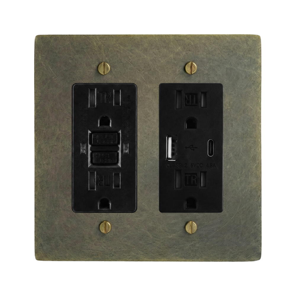 Antique Brass 2-Gang GFCI Outlet & USB Outlet Switch Plate in Black