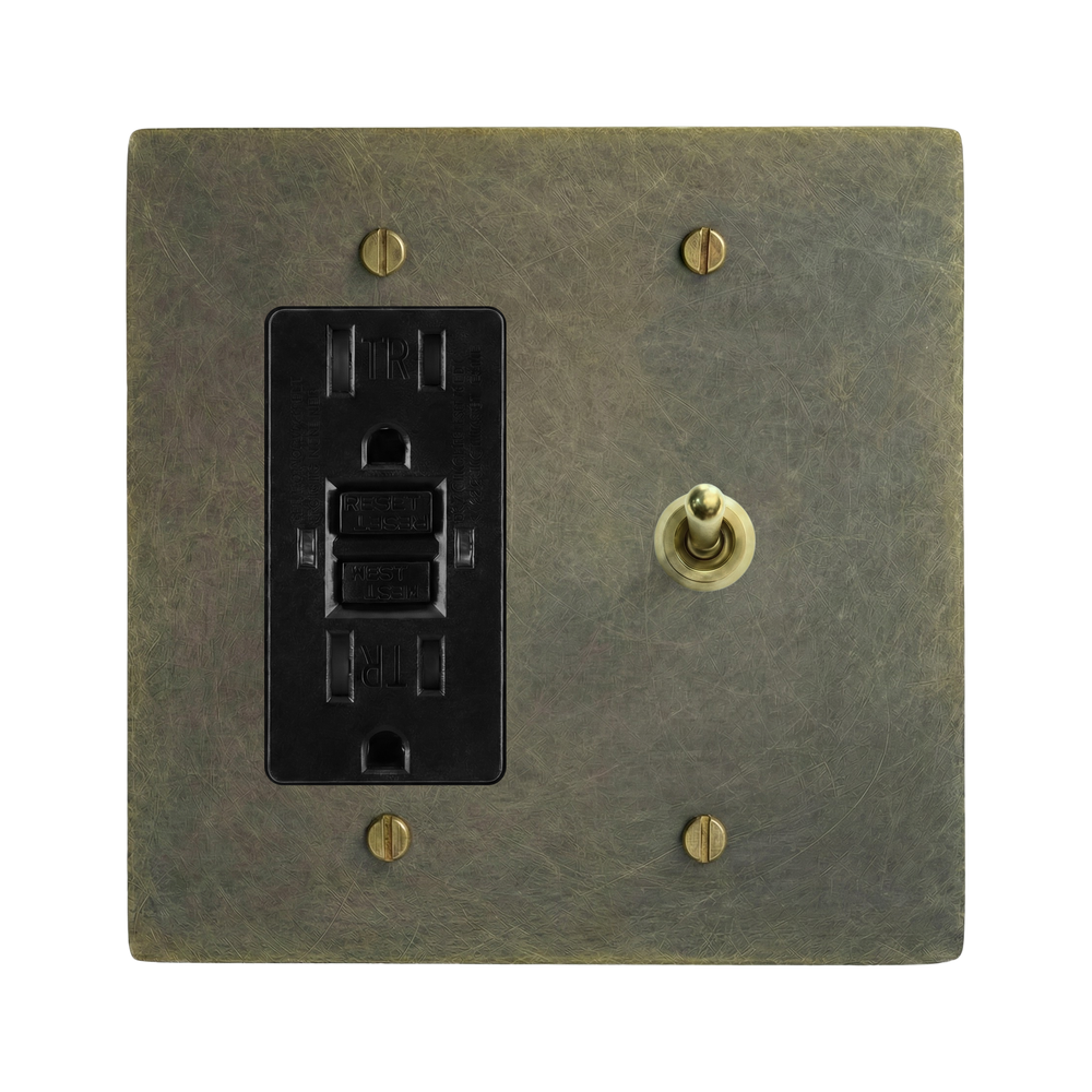 Antique Brass 2-Gang GFCI Outlet & Vintage Toggle Switch Plate in Black