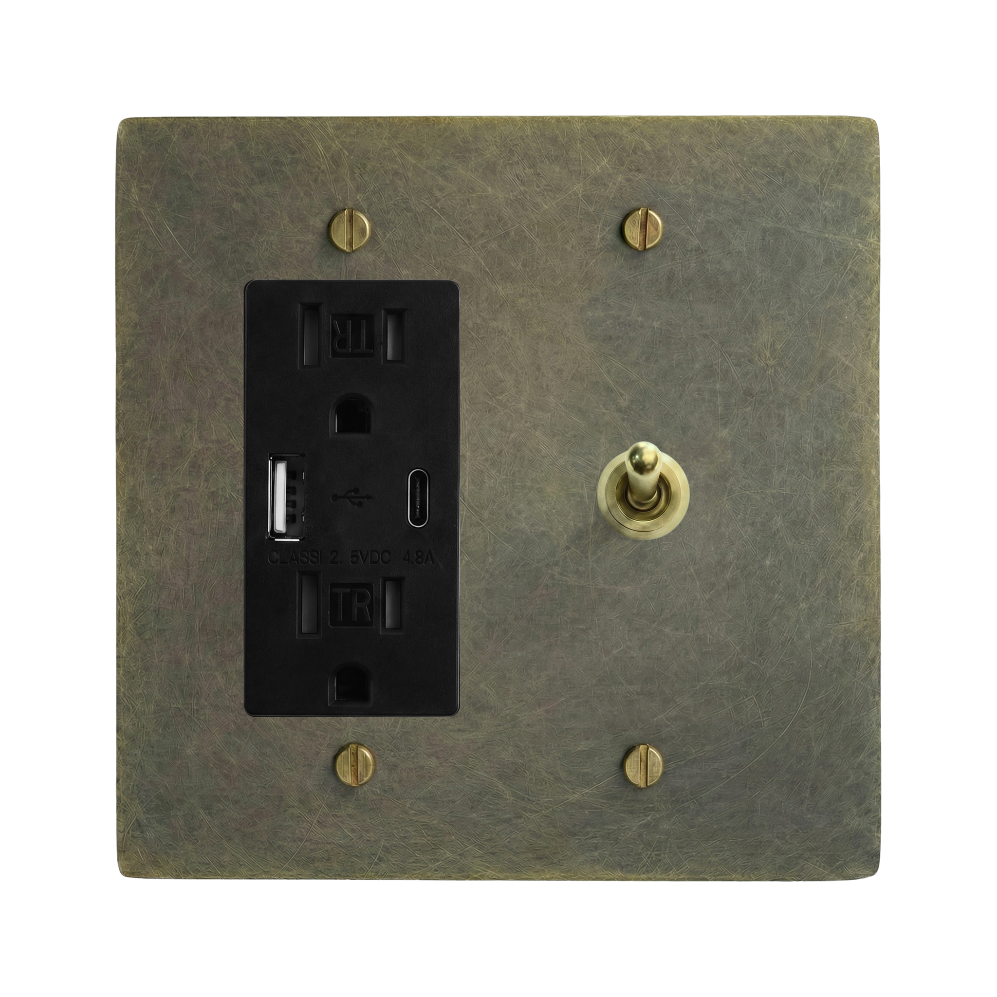 Antique Brass 2-Gang USB Outlet & Vintage Toggle Switch Plate in Black