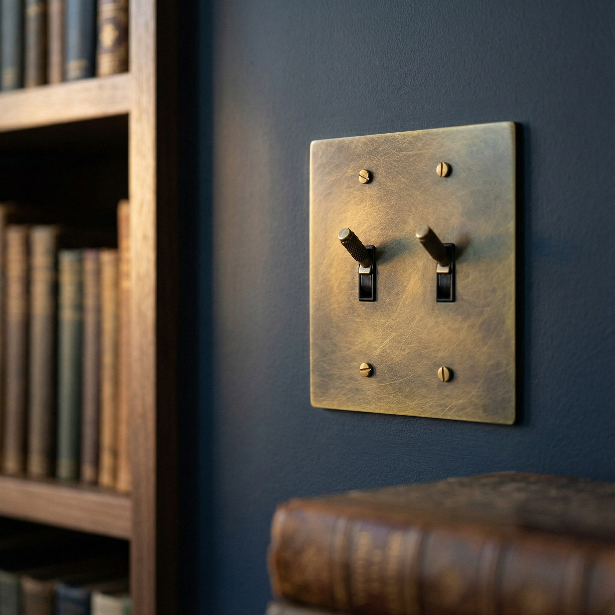 Elegant antique brass 2 gang toggle switch plate on a navy wall, surrounded by classic books. Timeless design.