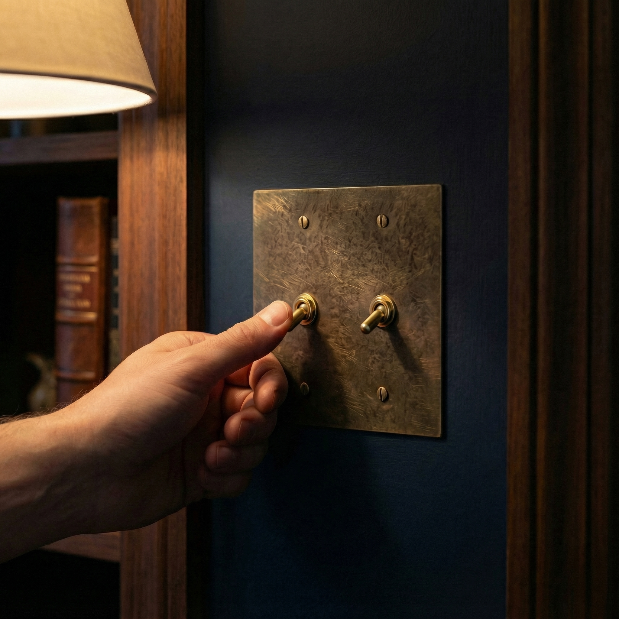 Hand engages an antique brass 2 gang vintage toggle switch plate on a rich navy wall for a touch of timeless luxury.